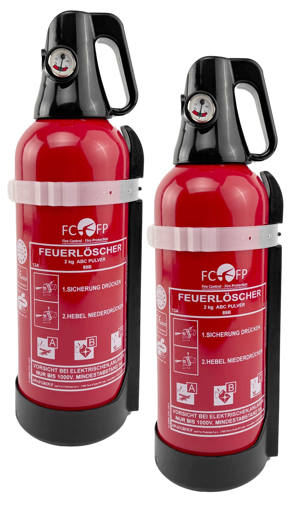 ANAF Pulver-Feuerlöscher Aluminium Doppelpack 2 kg ABC mit 4 LE KFZ Halterung, Manometer, Dauerdruck, ABC-Pulver, (Doppelpack) 2 kg, mit Halterung, Manometer