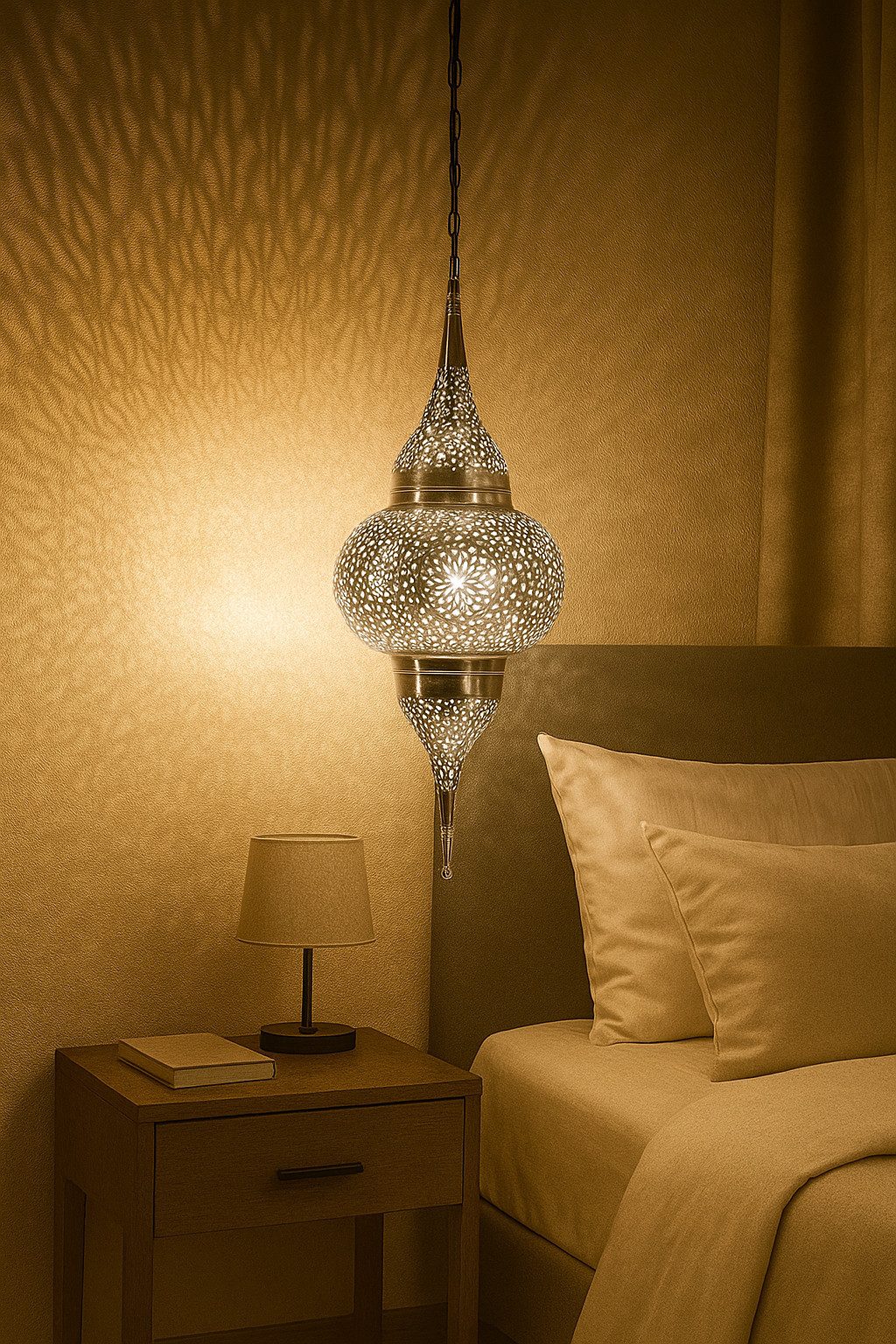 Marrakesch Orient & Mediterran Interior Pendelleuchte Marokkanische Pendelleuchte Hayati Handarbeit aus Messing Silber 55 cm, ohne Leuchtmittel, Handarbeit