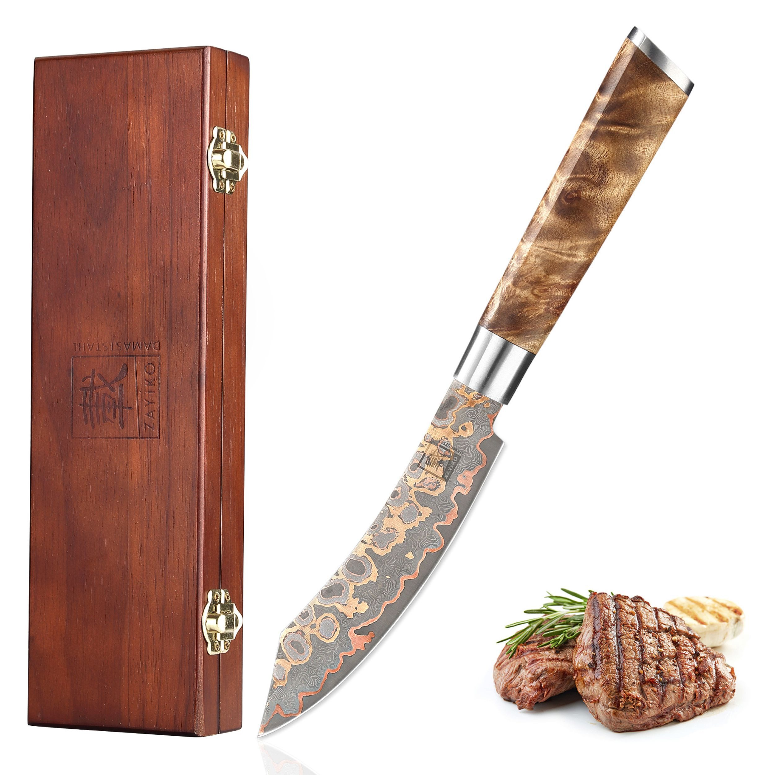 ZAYIKO Steakmesser MysticMagma Damast Steakmesser 13cm Klinge Kupfer- und Bronze-Einlage