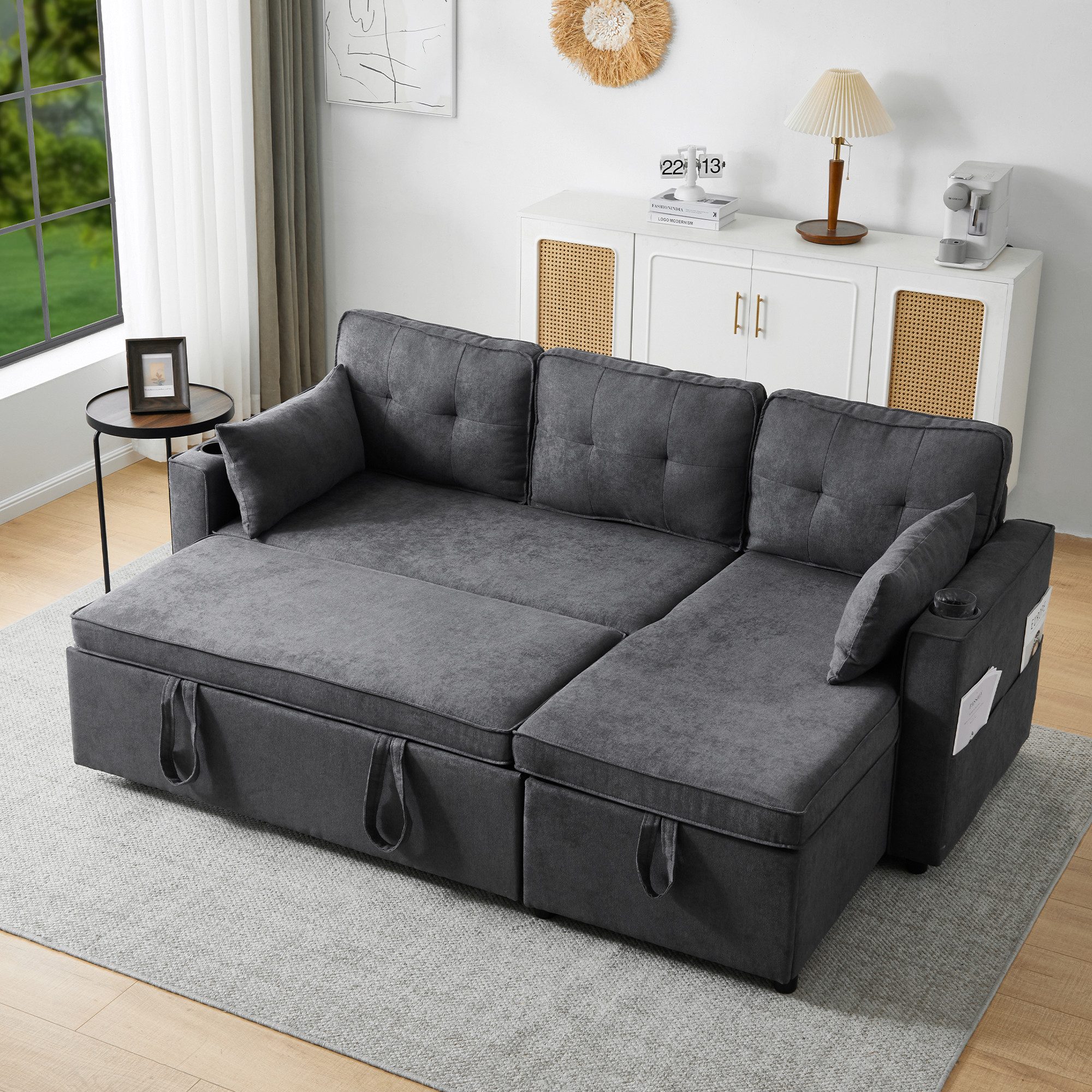 STILVORA Schlafsofa Ecksofa mit Getränkehalter&Stauraum,Polstersofa Leinen, günstig online kaufen