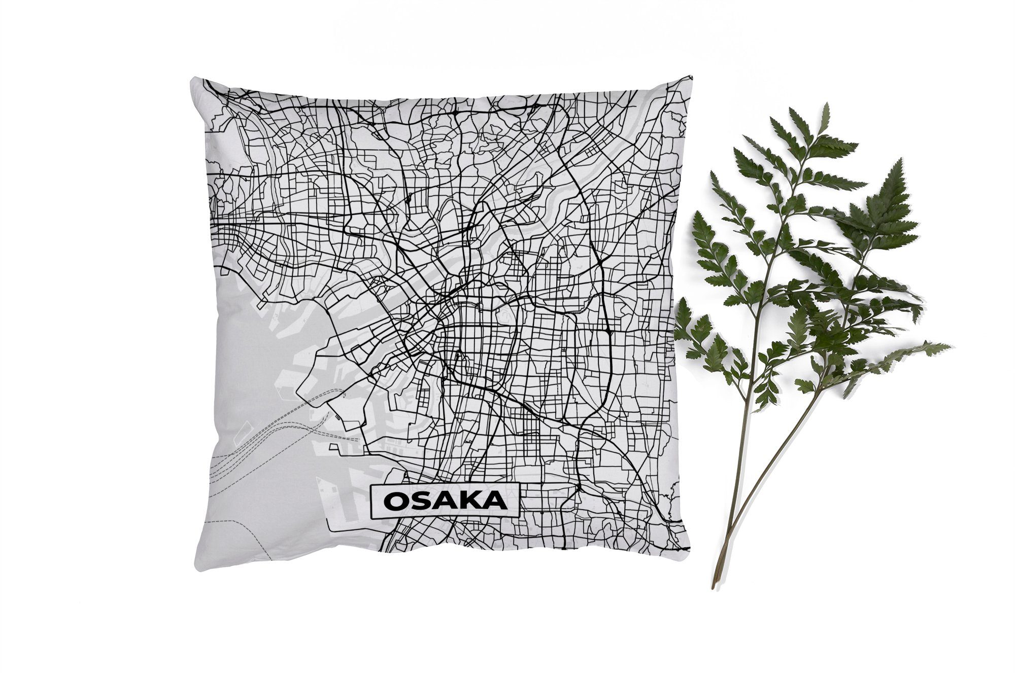 MuchoWow Dekokissen Osaka - Stadtplan - Schwarz und weiß - Karte, Zierkissen mit Füllung für Wohzimmer, Schlafzimmer, Deko, Sofakissen