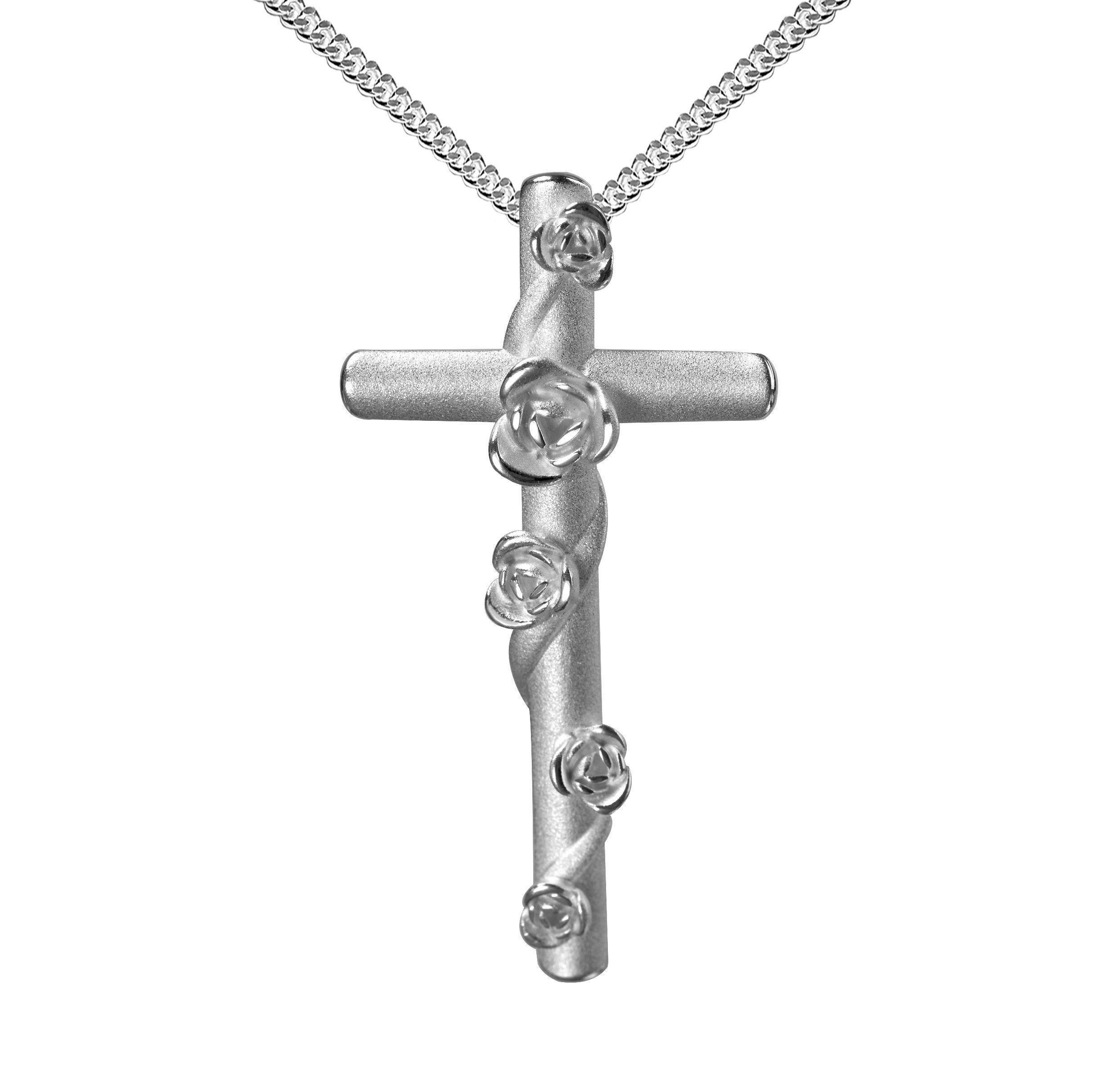 JEVELION Kreuzkette Kreuzanhänger Rosen 925 Silber - Made in Germany  (Silberkreuz, für Damen und Herren), Mit Silberkette 925 - Länge wählbar 36  - 70 cm oder ohne Kette.