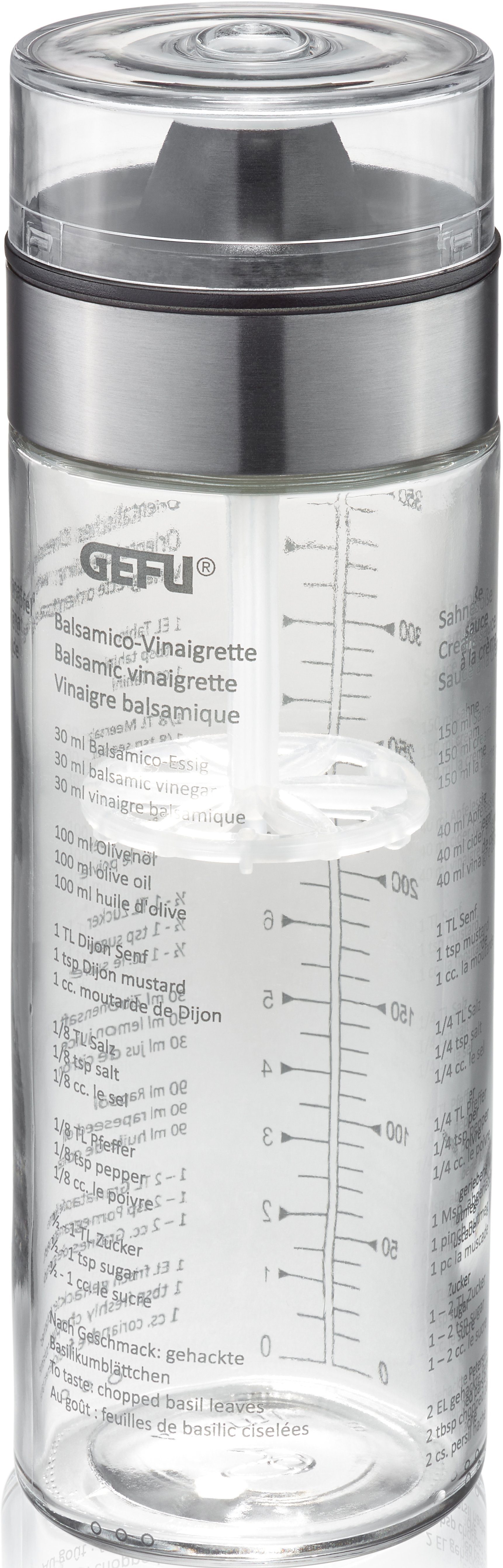 GEFU Dressing Shaker MIX, Glas, Kunststoff, Doppelskala (ml/oz), auslaufsicher, 350 ml