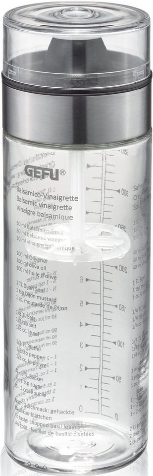 GEFU Dressing Shaker MIX, Glas, Kunststoff, Doppelskala (ml/oz),  auslaufsicher, 350 ml, Im Deckel integrierter Topquirl für besonders  gleichmäßige, homogene Dressings