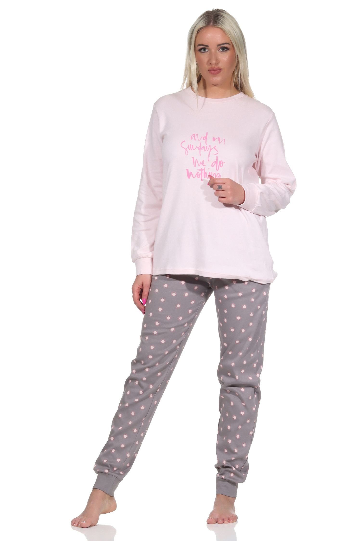 Normann Pyjama Damen Schlafanzug Qualität lang Kuschel Bündchen Interlock grau-melange mit in