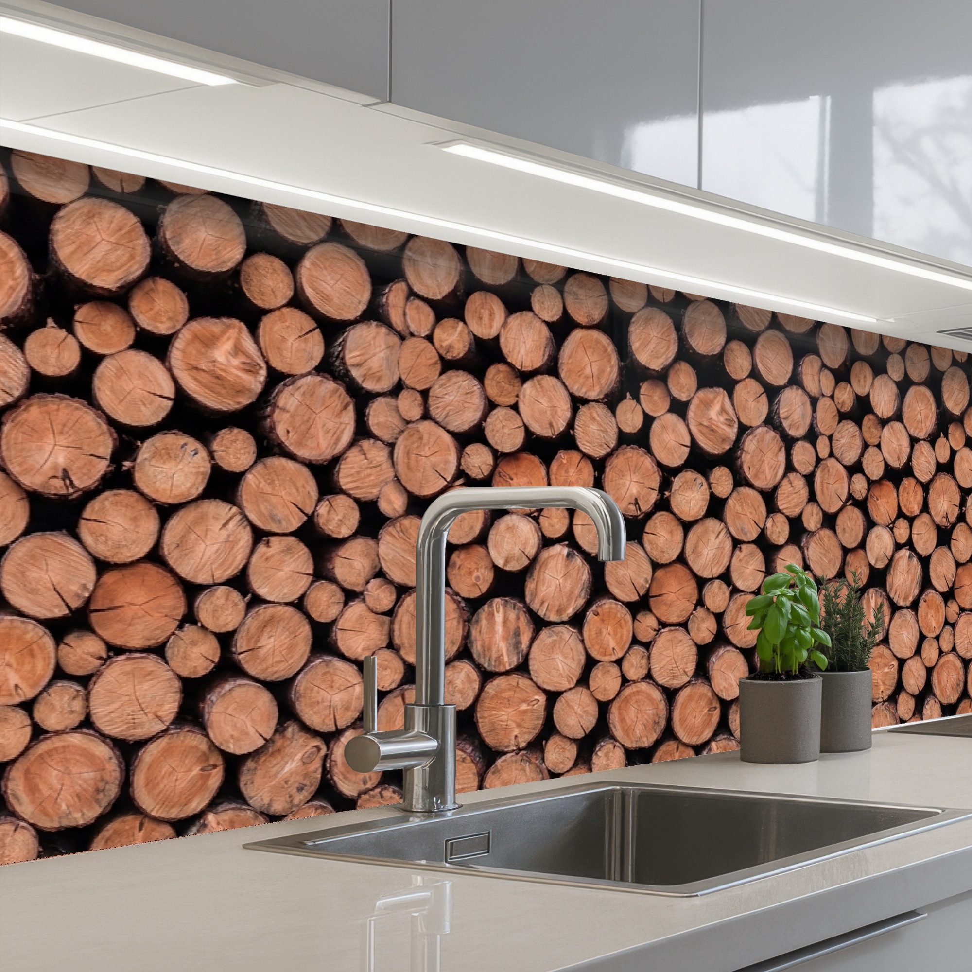 KitchenYeah Küchenrückwand selbstklebend (keine Folie) Baumstämme - Textur - Muster - Braun - Rus, (1-tlg), Spritzschutz, Küche, Rückwand, Küchenwand, Abwaschbar, 200x60 cm