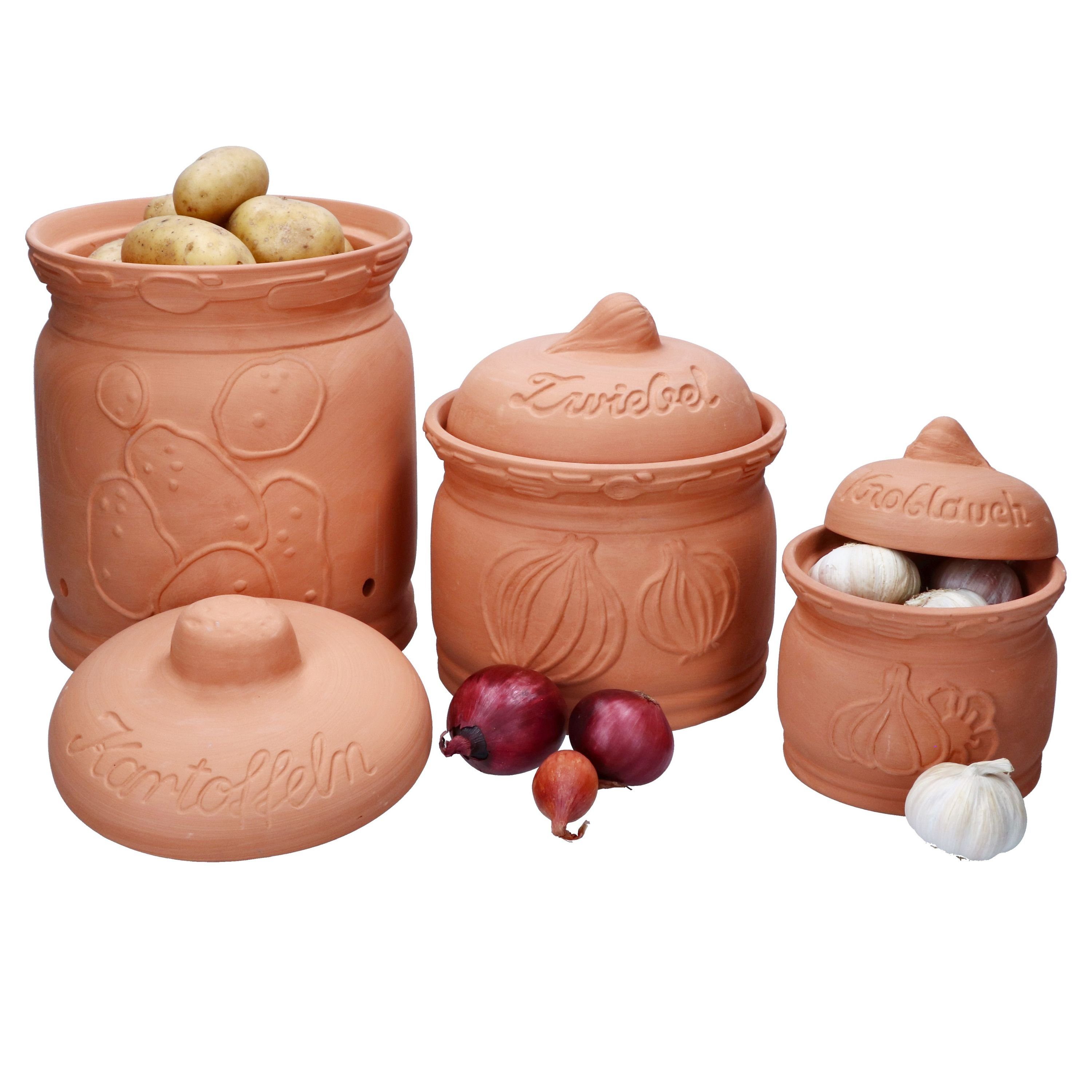 MamboCat Vorratsglas 3er Set Terra Tontöpfe Deckel Terrakotta Kartoffel Zwiebel Knoblauch, Terracotta