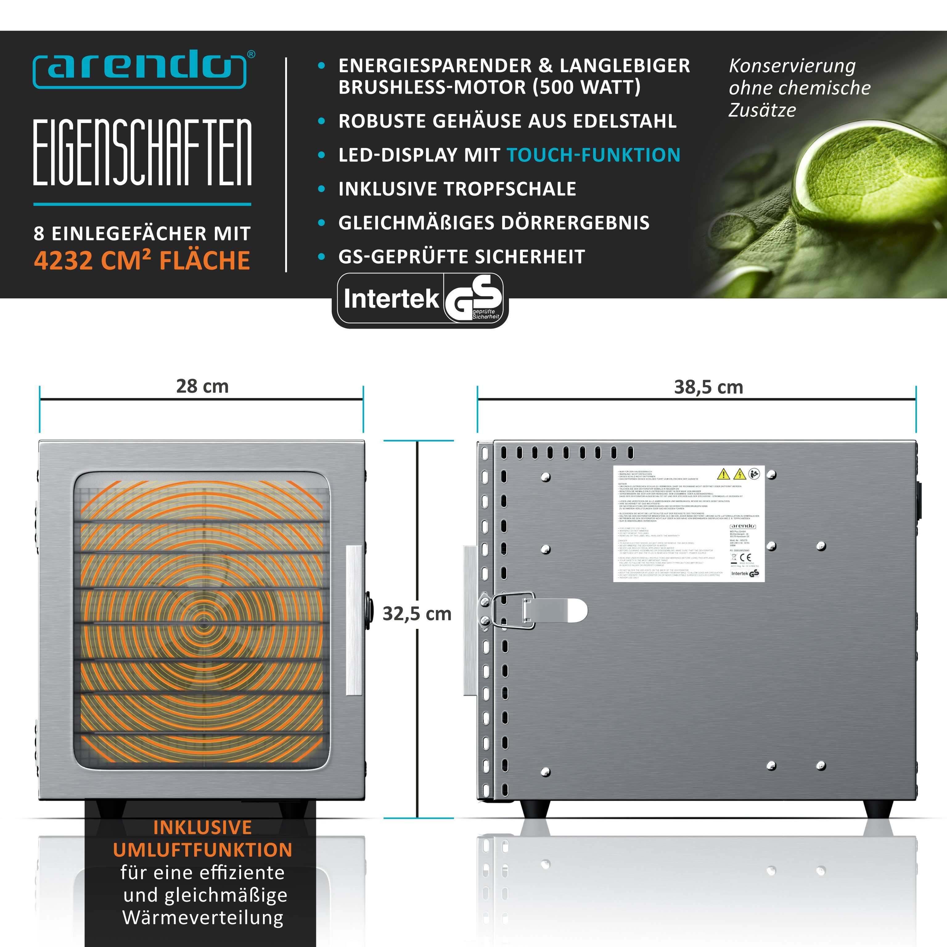 Arendo Dörrautomat 8 Etagen, 30-90°C, Edelstahl, mit Temperaturregler, Dörrgerät 500 W, 8 Etagen, Timer 24h, für Obst/Fleisch/Pilze, BPA-frei, GS, 8 Einlegefäch – Bild 2 von 5
