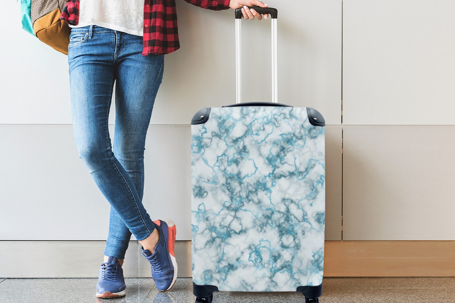 Reisekoffer - Handgepäckkoffer 4 Ferien, Rollen, Handgepäck Blau Reisetasche Muster, für Marmor Trolley, - MuchoWow mit rollen,