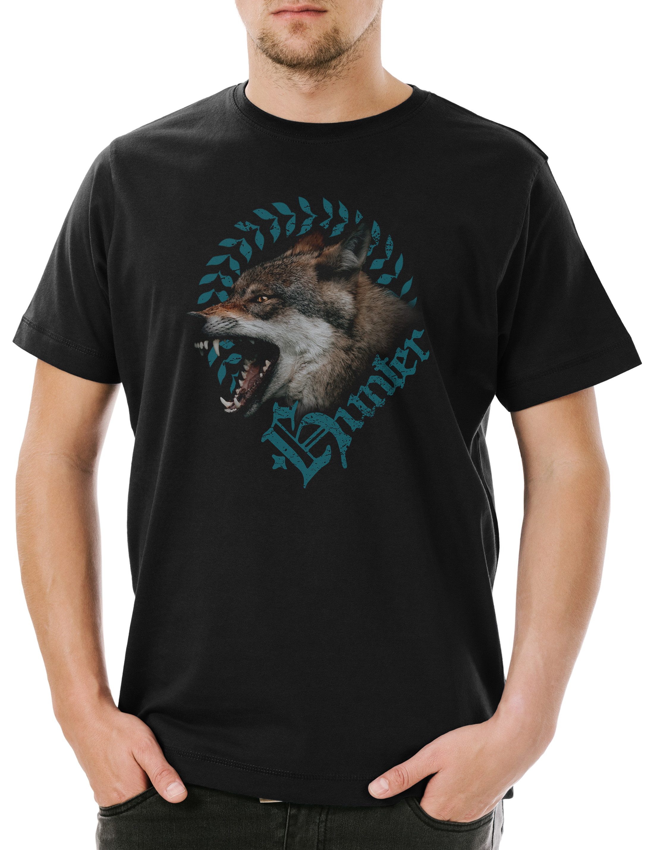 Urban Backwoods Print-Shirt Hunter Wolf Herren T-Shirt Wölfe Lupo Hirsch Lupus Wolves Reh Jagd (1-tlg) Jäger Bär Loup Rudel