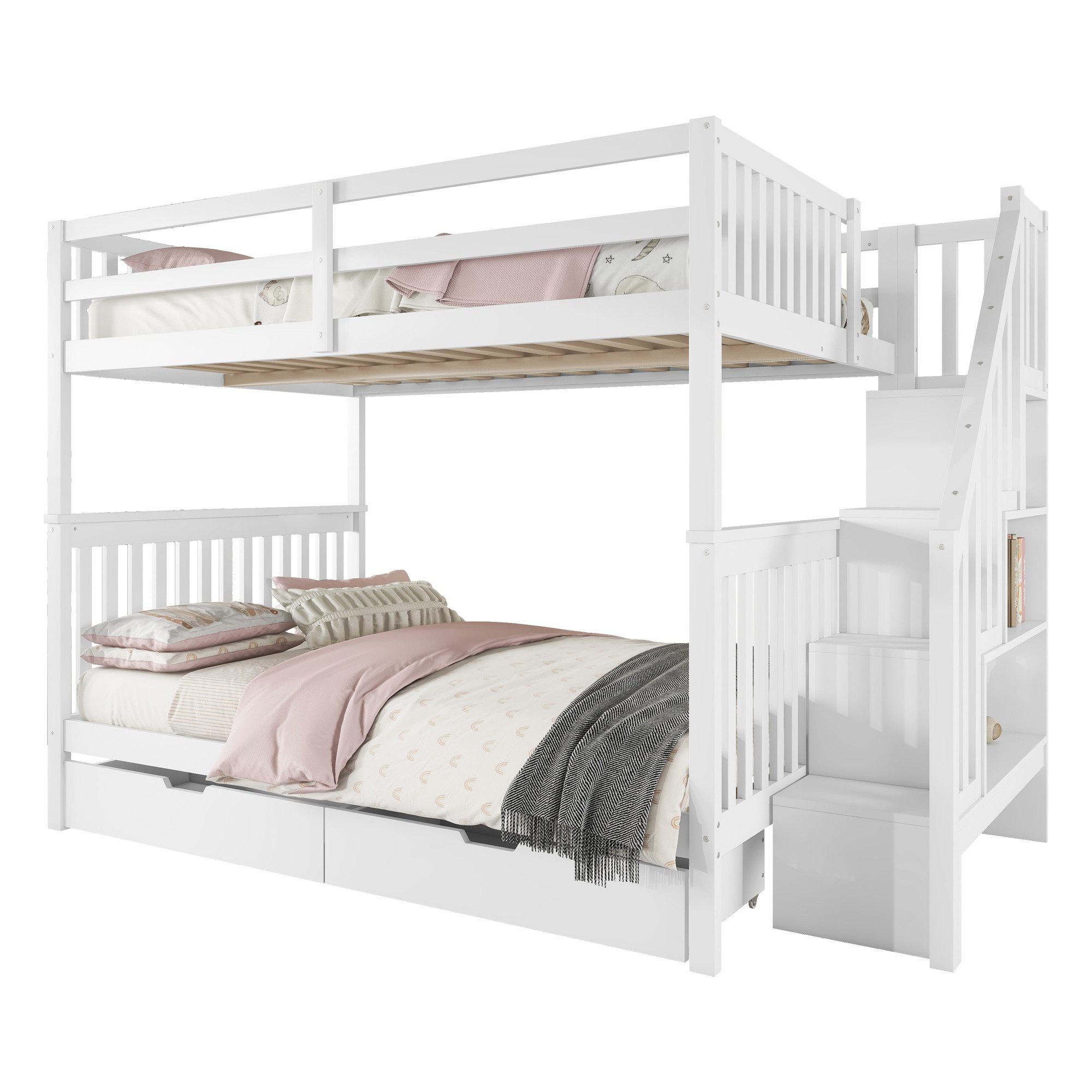 REDOM Etagenbett Holzbett (Treppenregal, ausgestattet mit zwei Schubladen, hohe Geländer, 140*200cm), ohne Matratze