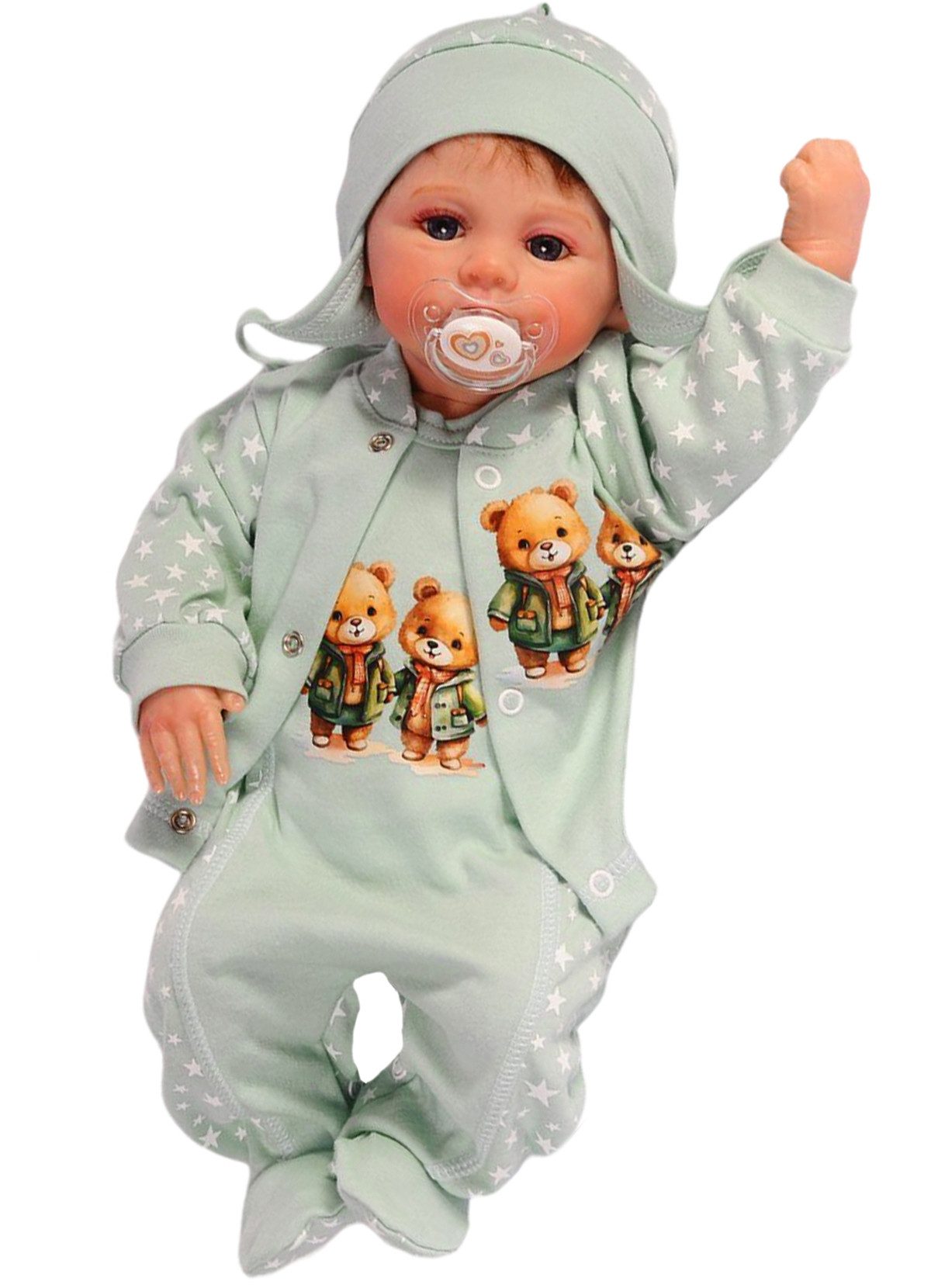 La Bortini Strampler, Jäckchen & Mütze Strampler Mütze und Hemdchen Set Baby Anzug 3tlg mit Sternchen aus reiner Baumwolle, 44 50 56 62 68 74
