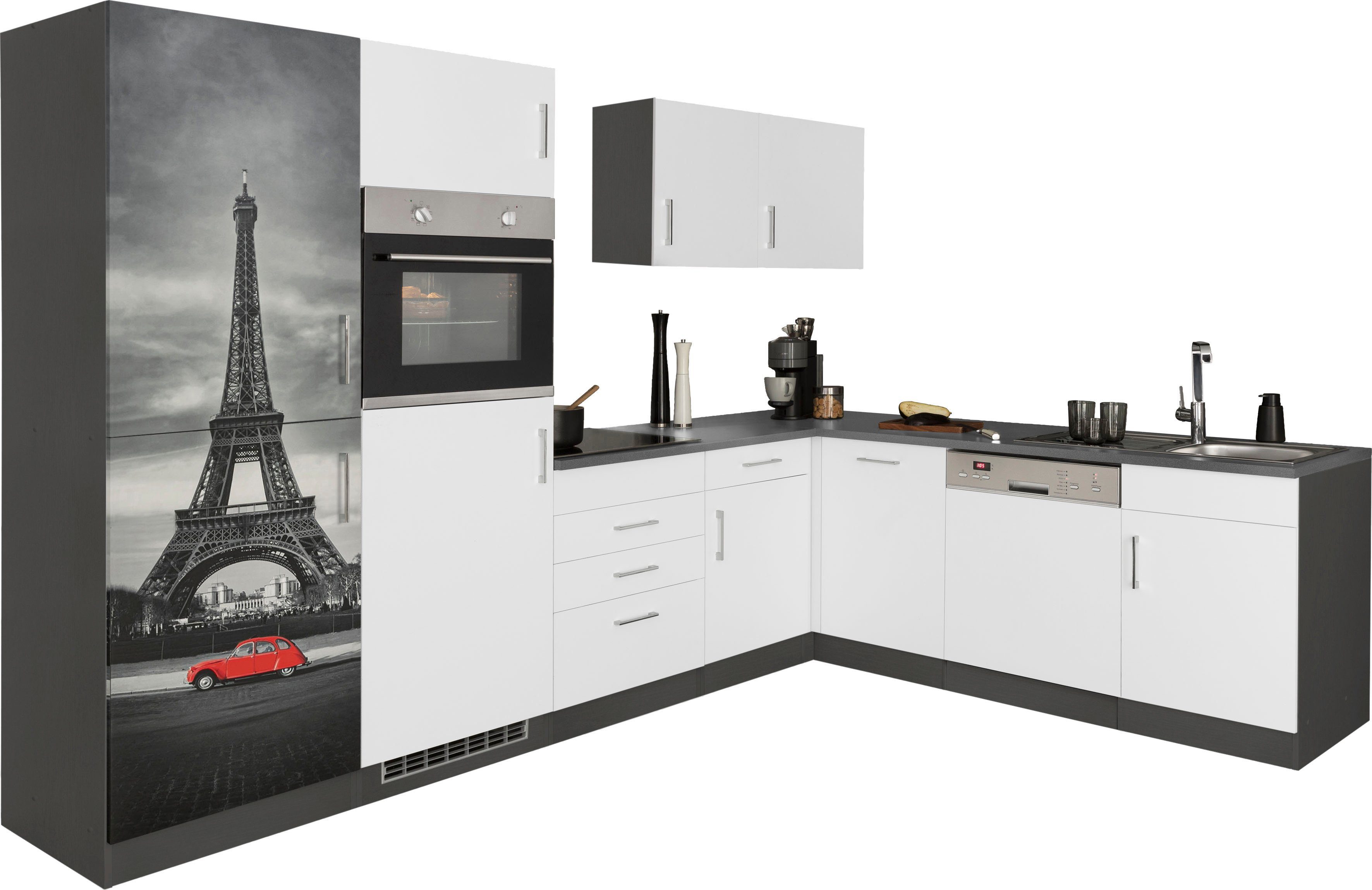 KOCHSTATION Küchenzeile KS-Paris – Küchen mit einzigartigen Fotomotiven auf den Fronten, Stellbreite 290/220 cm, wahlweise mit E-Geräten und Induktion