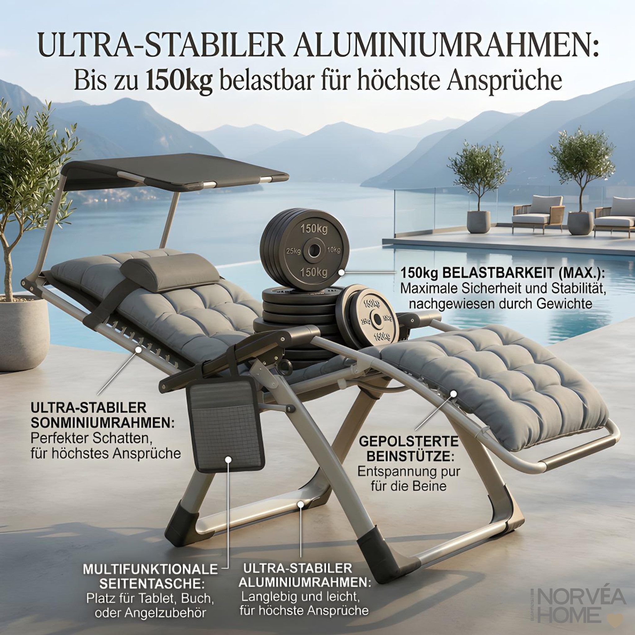 Norvéa Home Relaxliege Relaxliege Gartenliege klappbar mit Sonnendach Polster 150 kg, Einzelartikel, 6-fach verstellbar, klappbar, mit Auflage und Kopfkissen