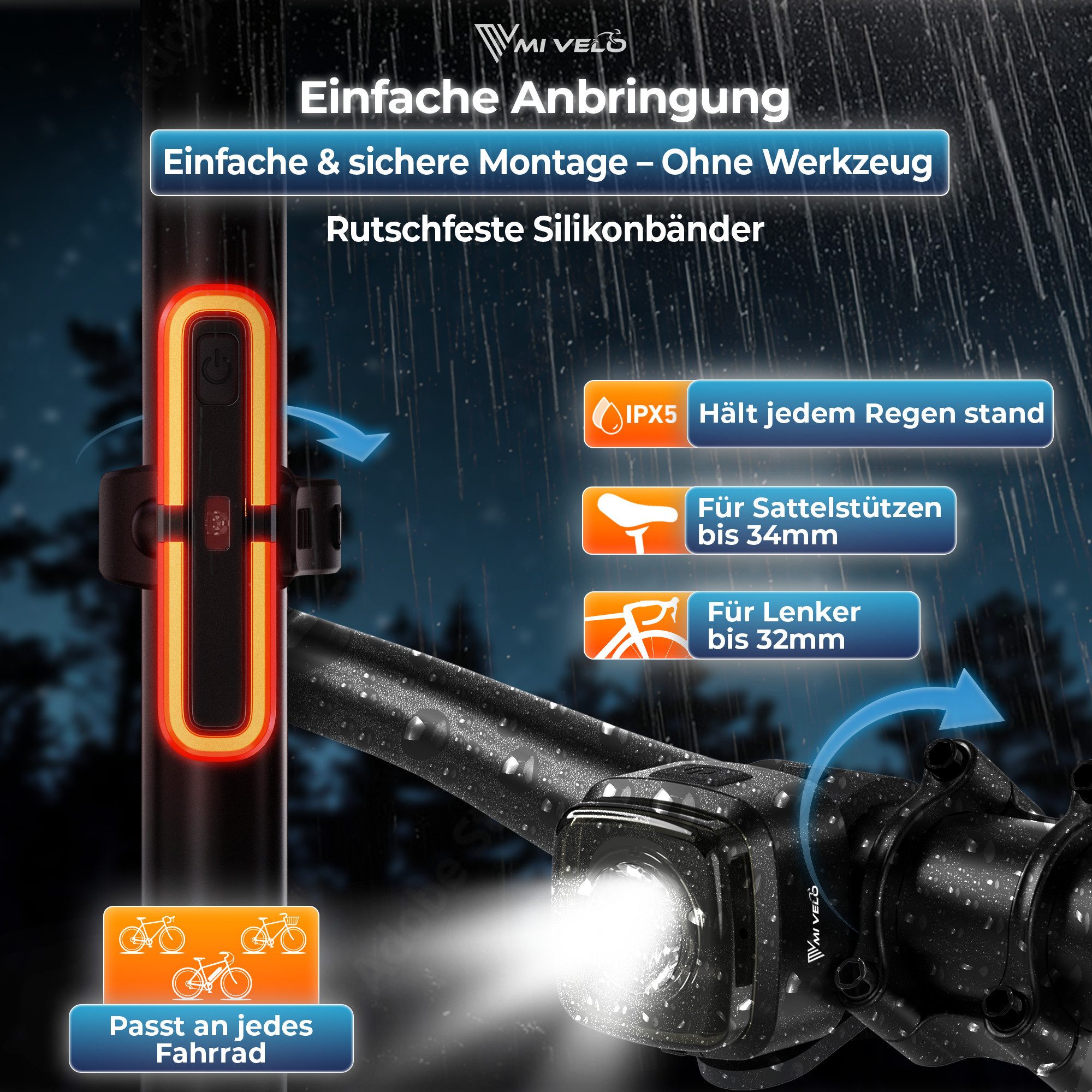 MIVELO Fahrradbeleuchtung COB Pro Fahrradlicht LED Set mit Bremsfunktion Akku USB aufladbar, StVZO zugelassen