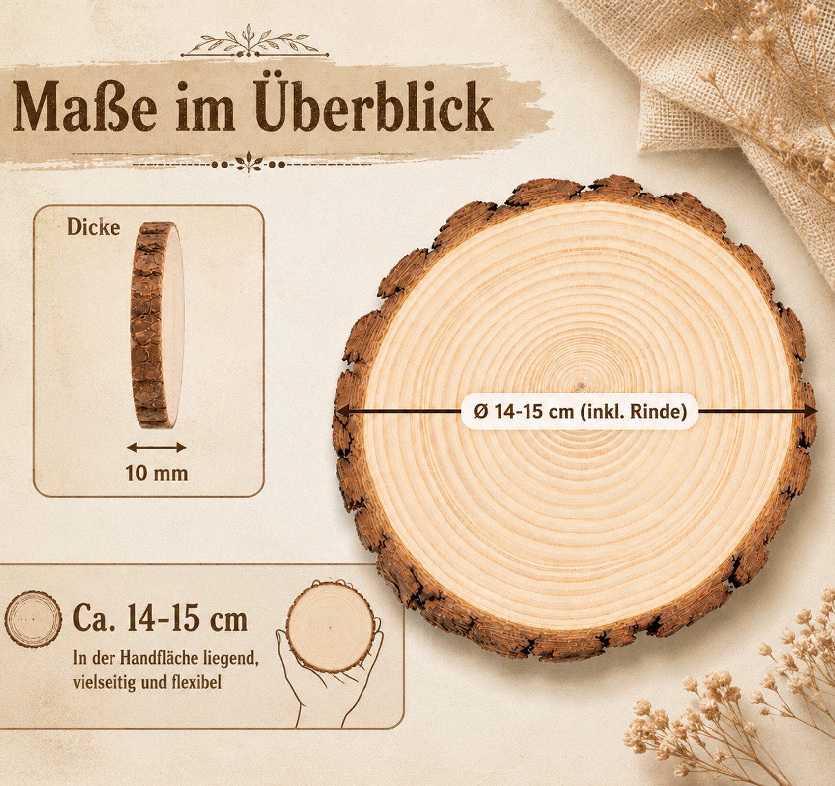 lindahandel Dekotablett Holzscheibe rund 14-15cm unbehandelt – Kiefer Naturholz (10 St), Baumscheibe ohne Loch für DIY, Deko & Hochzeit – 10mm stark – Bild 3 von 5