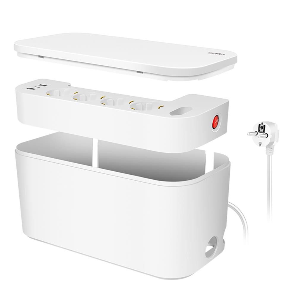 LogiLink Kabelbox LPS281U mit 5-fach-Steckdosenleiste, 3x USB, 285 x 145 x 13 mm, Kabelmanagement Box, Mehrfachsteckdose USB, 3600 W, Alltag, Weiß