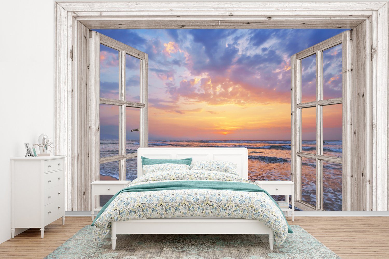MuchoWow Fototapete Aussicht - Meer - Strand - Sonnenuntergang - Blau, Matt, bedruckt, (6 St), Wallpaper für Wohnzimmer, Schlafzimmer, Kinderzimmer, Vinyl Tapete