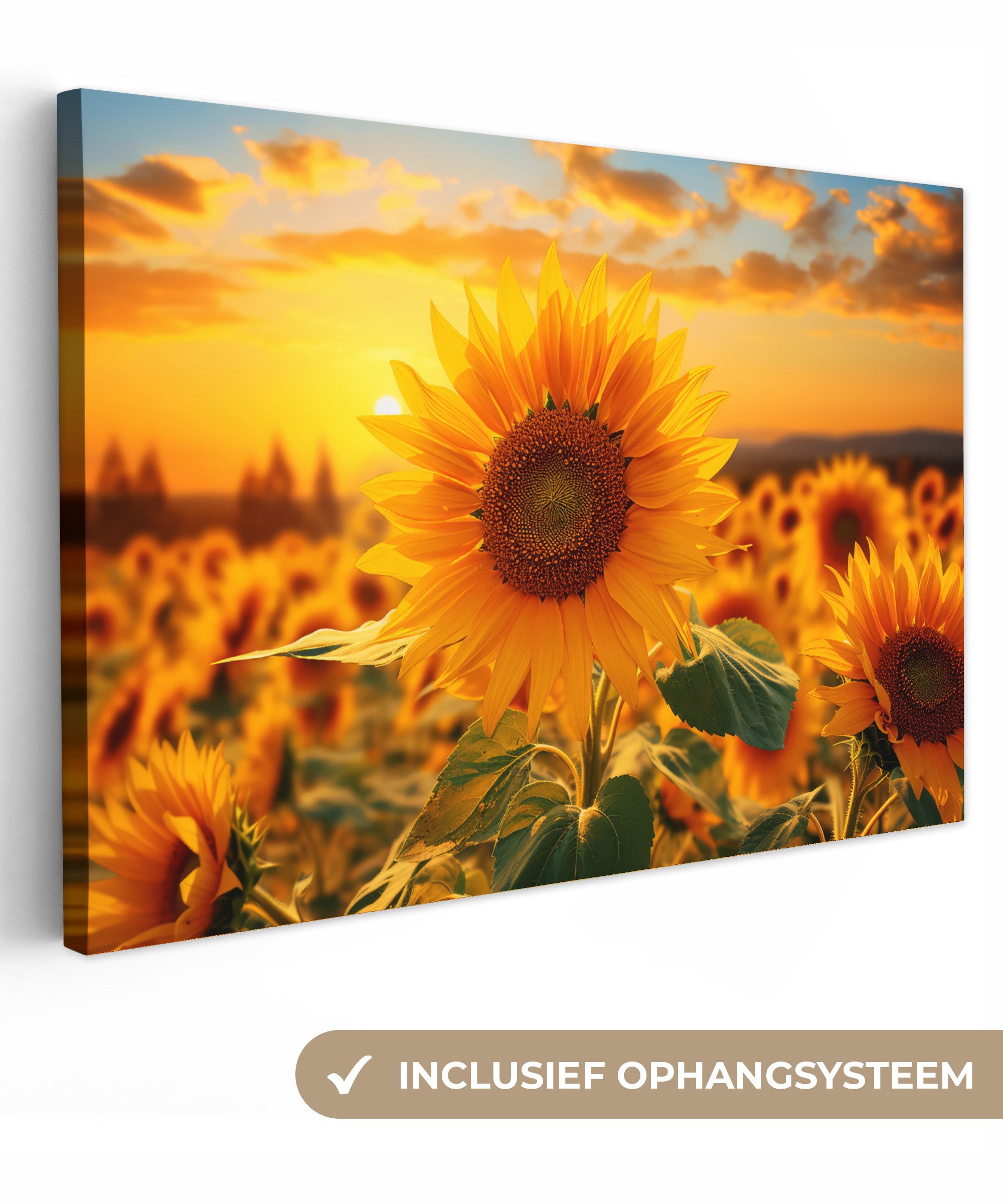 OneMillionCanvasses® Leinwandbild Sonnenblume - Blumen - Gelb - Blumenfeld mit Sonnenblumen, Fotodruck (1 St), Leinwand Bilder Klein, Wand Dekoration Aesthetic 30x20 cm