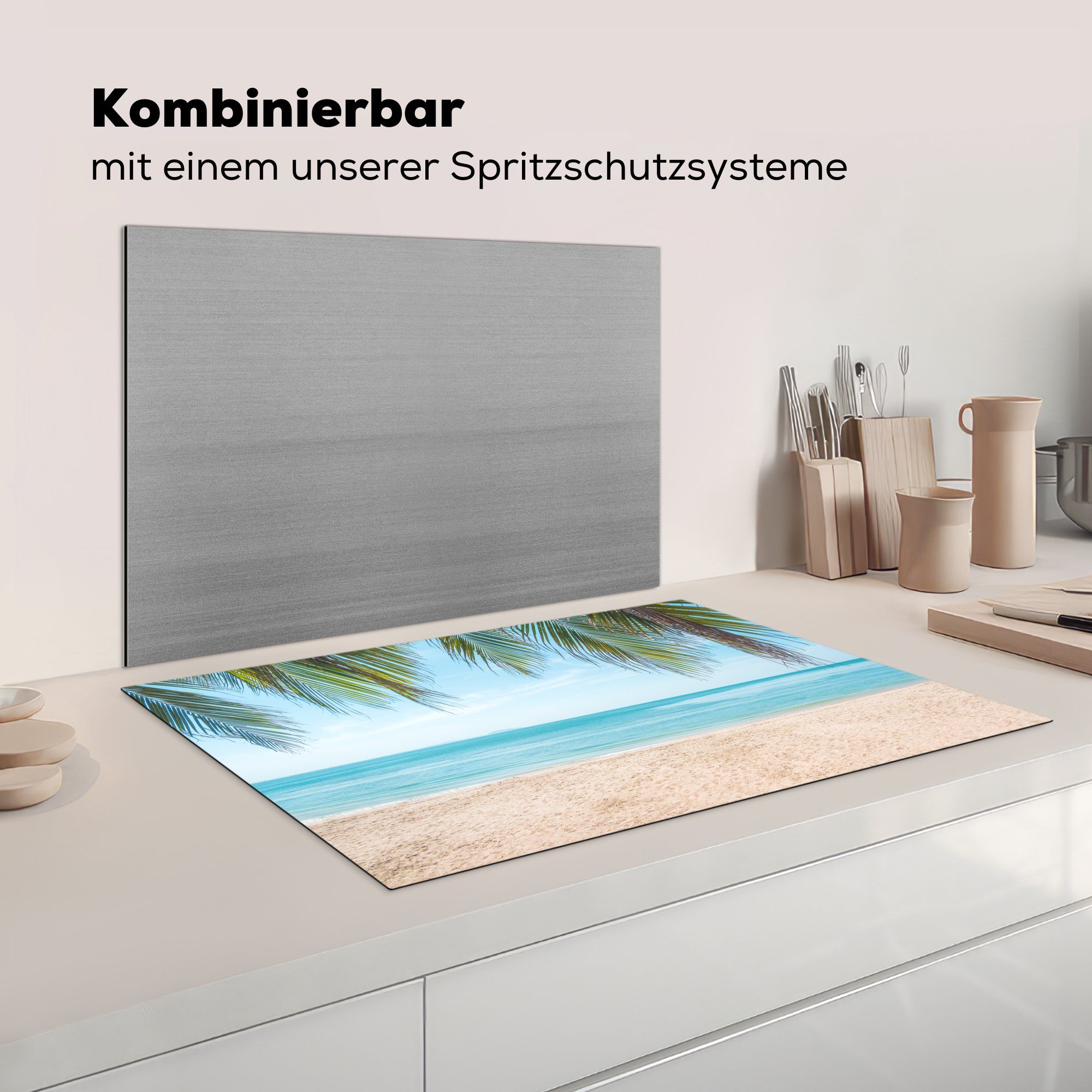 MuchoWow Herdblende-/Abdeckplatte Palmenblatt - 81x52 - cm, Schutz tlg), Tropisch, Strand (1 die küche, Ceranfeldabdeckung Vinyl, für Induktionskochfeld