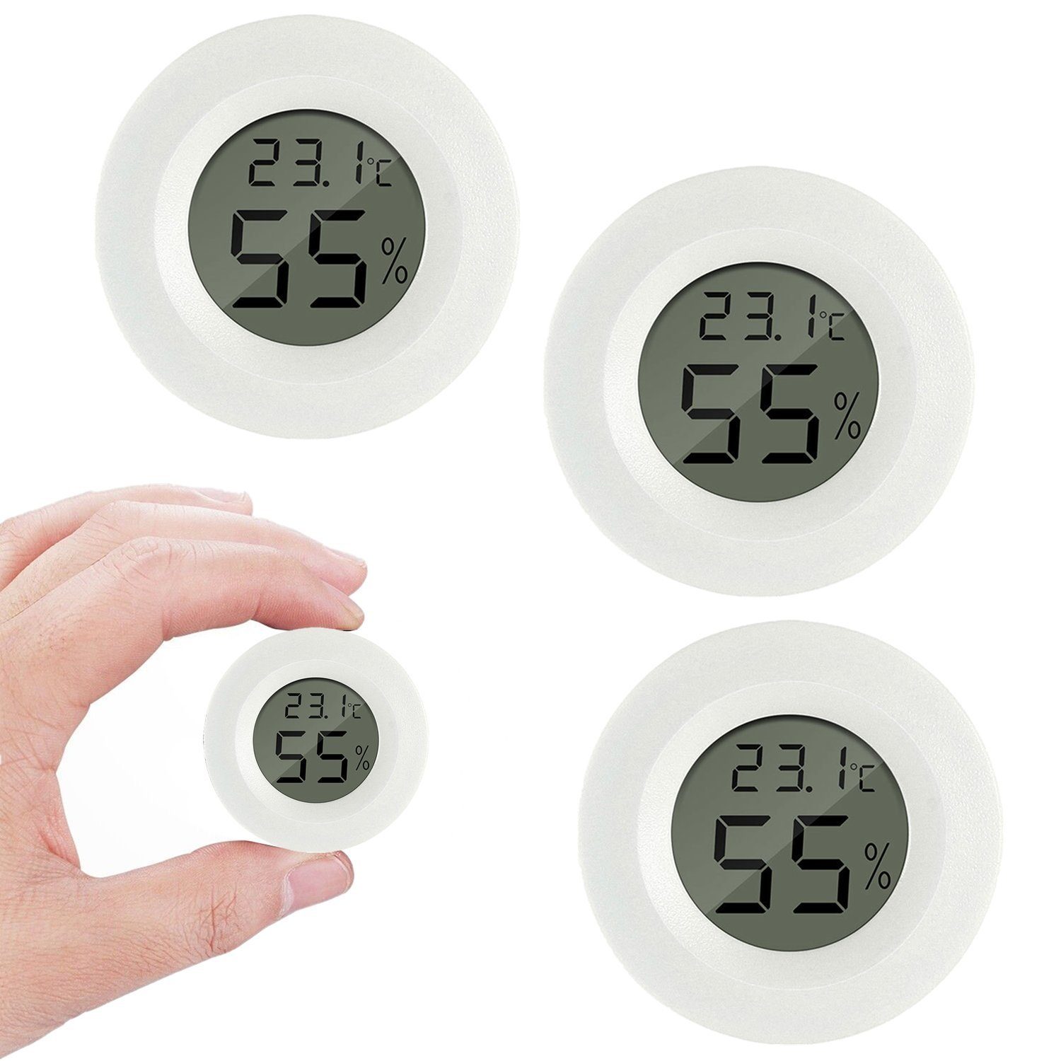 Olotos Hygrometer Digitales Thermo-Hygrometer Thermometer Temperatur Messgerät 3er-Set, Mini LCD für Kontrolle Innenraum Luftfeuchtigkeit Kühlschrank Weiß