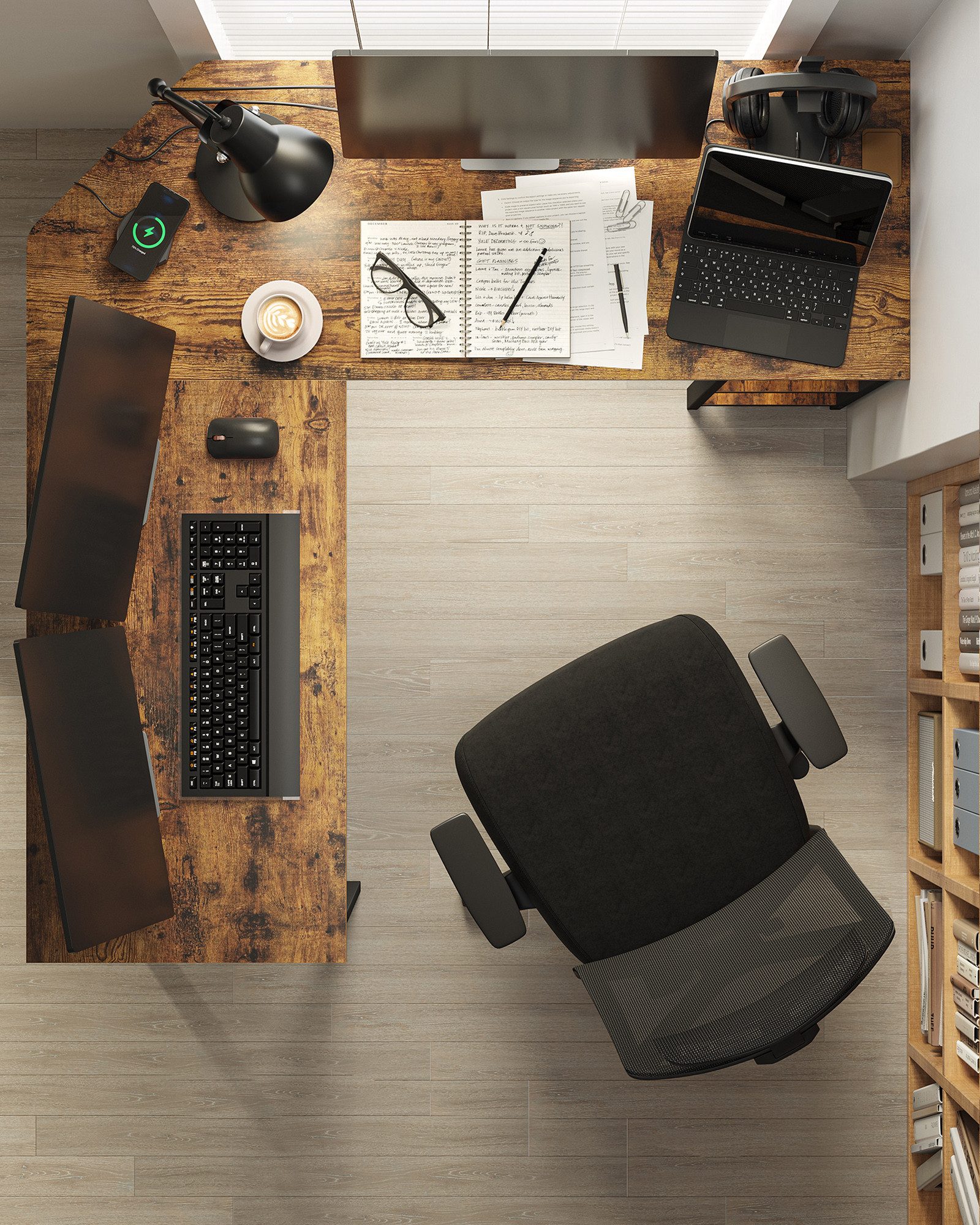 VASAGLE Schreibtisch L-förmiger Computertisch, Eckschreibtisch, Gaming, Homeoffice, 138 x 138 x 76 cm, mit 2 Ablagen, platzsparender, einfacher Aufbau