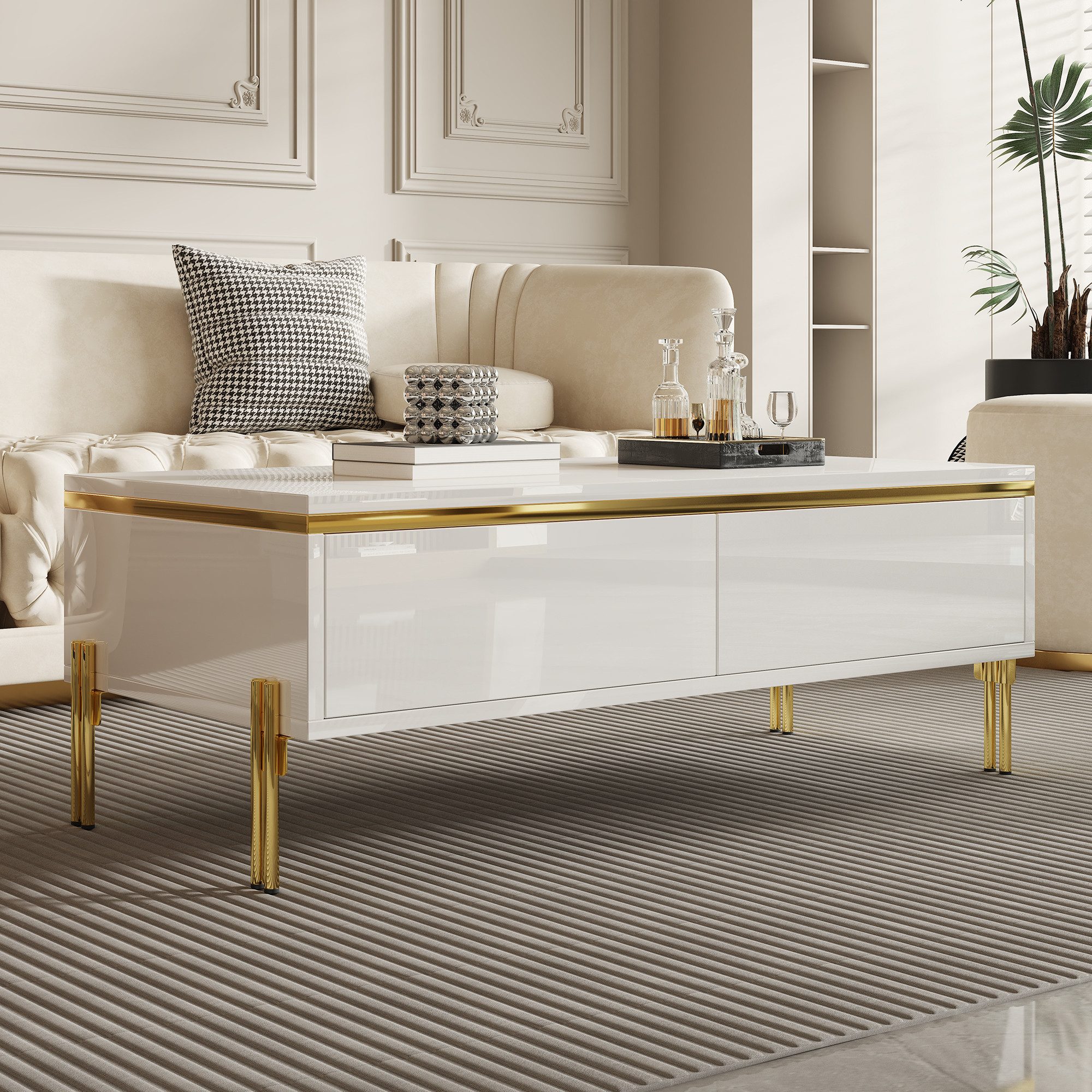 Merax Couchtisch hochglanz Sofatisch Beistelltisch mit goldenen Zierelementen (1-St), Wohnzimmertisch mit Doppelschubladen und Metallbeinen, 100x50x36cm