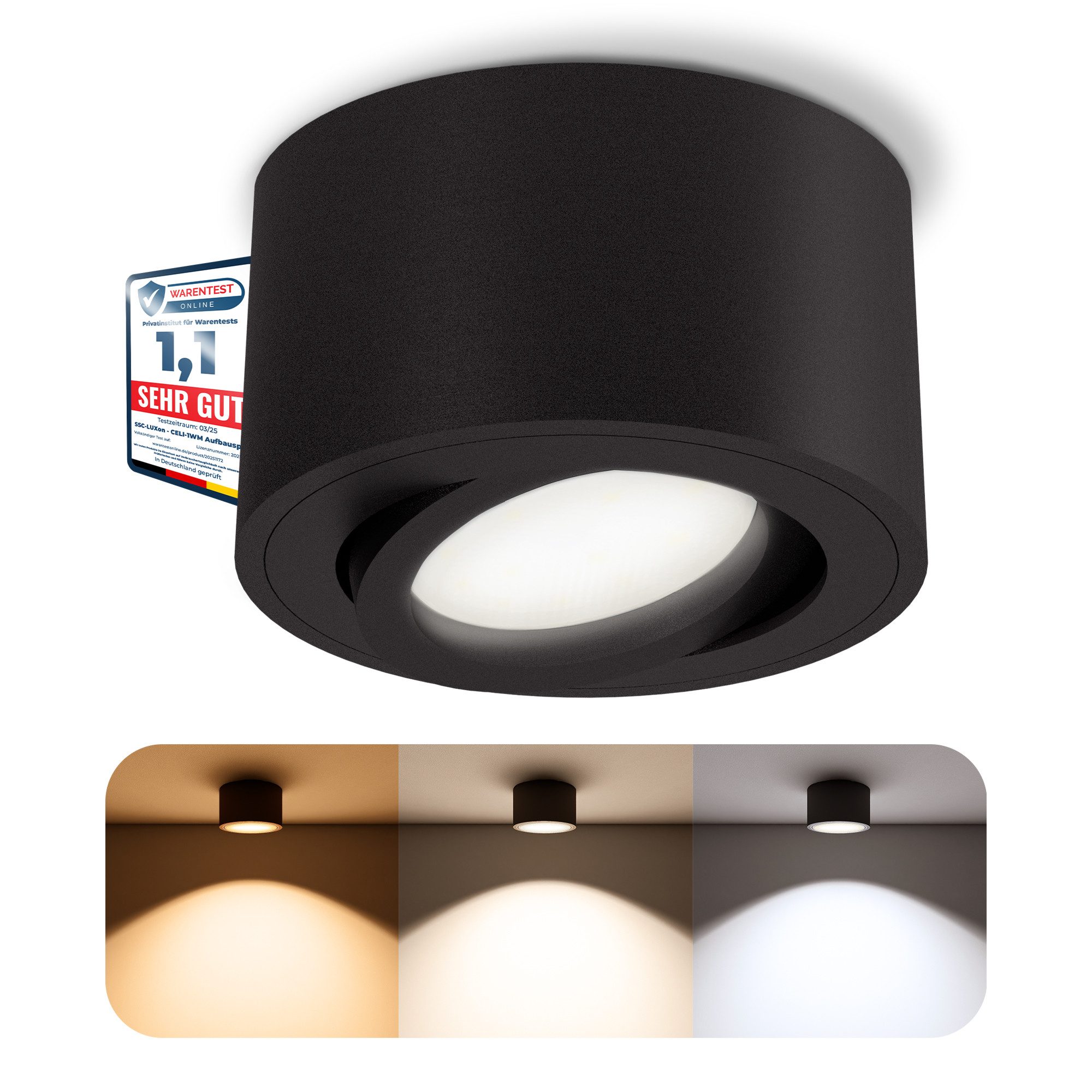 SSC-LUXon LED Aufbaustrahler CELI-1BM LED Aufbauspot schwarz 6W dimmbar warm neutral kalt Spot, Neutralweiß, Warmweiß, Tageslichtweiß