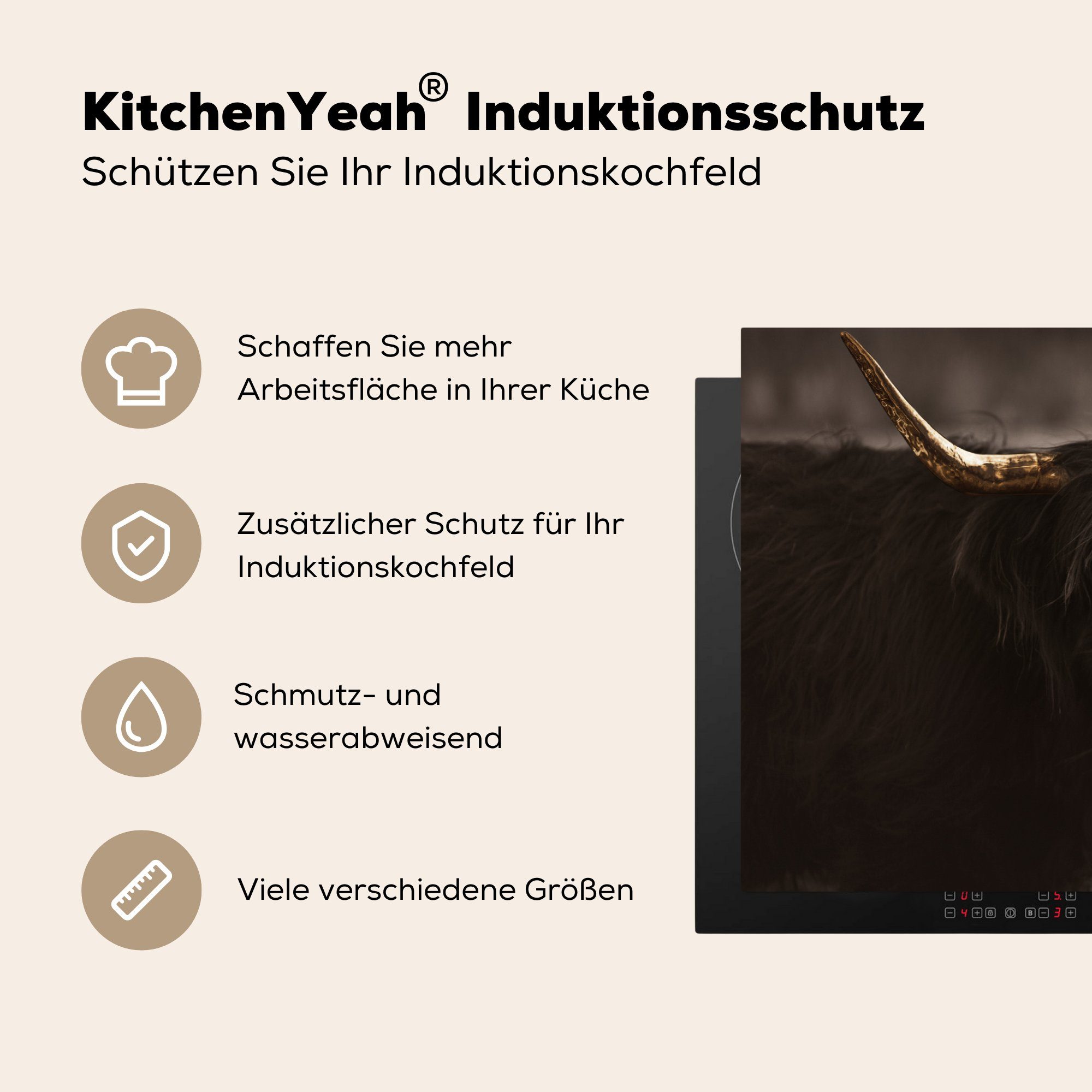 MuchoWow Herdblende-/Abdeckplatte Schottischer Highlander - Hörner Tiere, Kuhglocke die 81x52 küche, tlg), für Schutz Vinyl, Gold - - Ceranfeldabdeckung (1 Induktionskochfeld cm, 