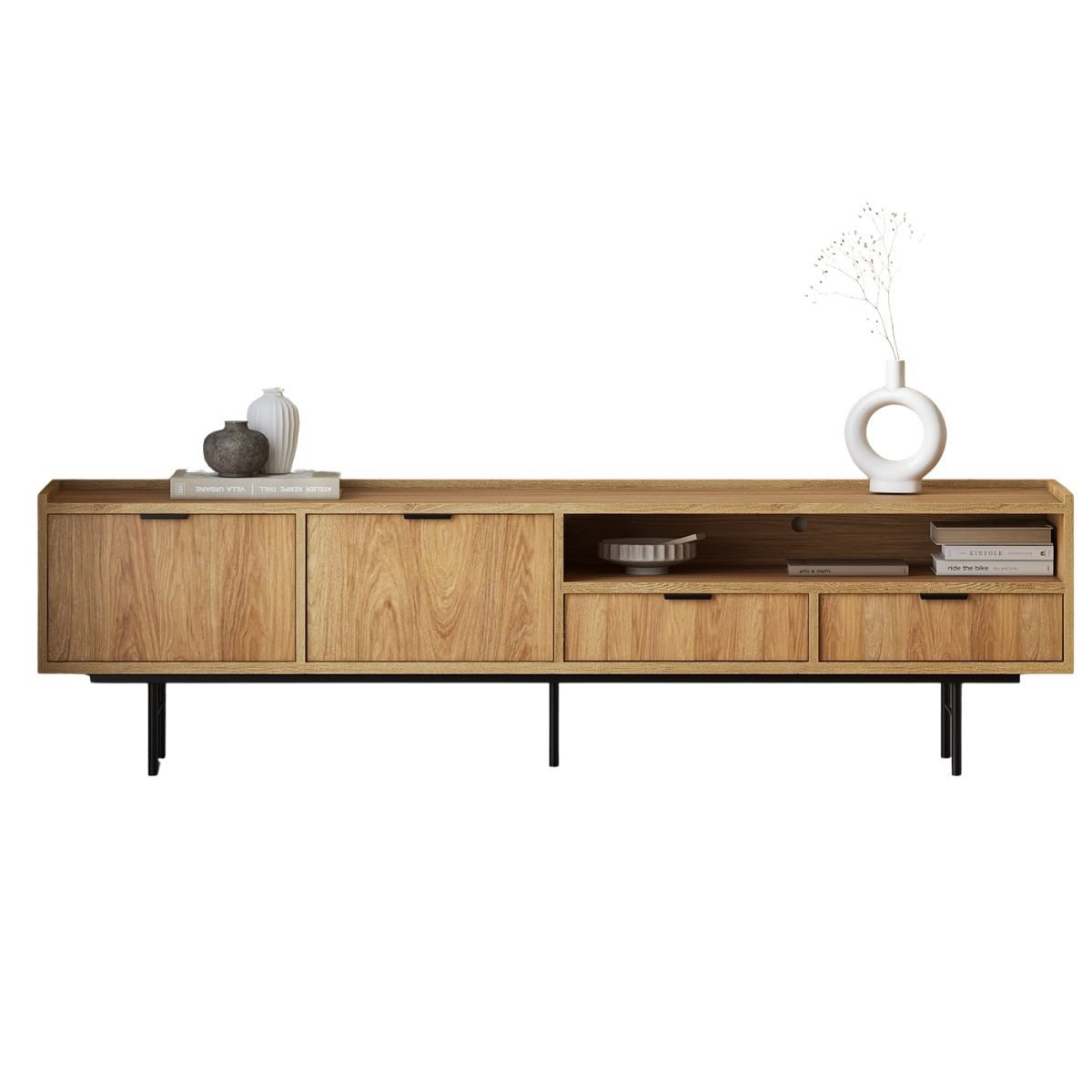 Compleo TV-Schrank 200 cm breit, Nussbaum oder Eiche Hikora, Lowboard mit 2 Schubladen Boho Design