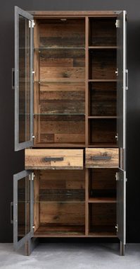 trendteam Highboard Vitrine Prime, Old Used Wood / Matera grau, LED Beleuchtung, Shabby