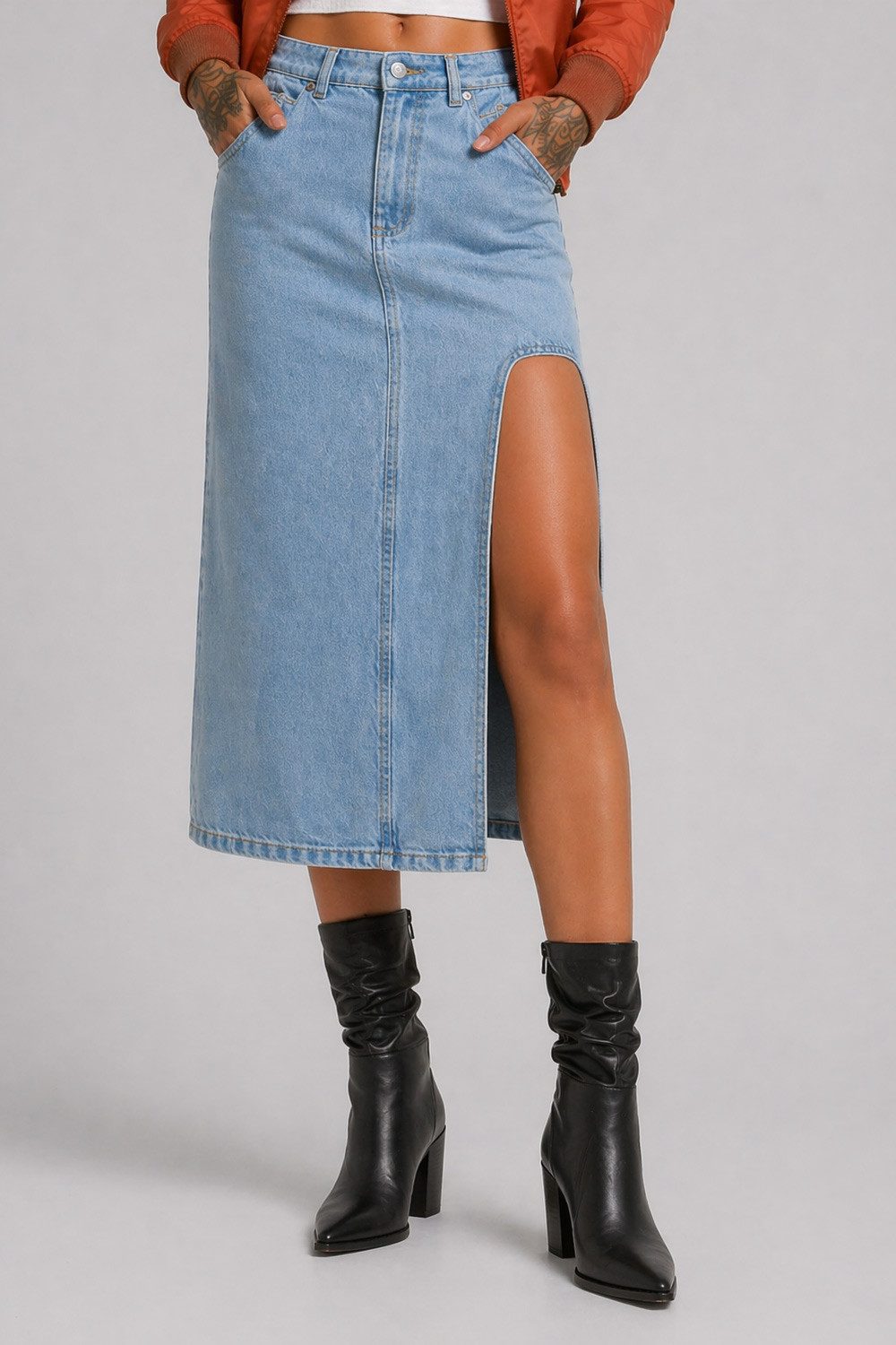 urbandreamz Jeansrock Damen Midi Rock langer Schnitt Denim Stretch stylischer Rock, robuster Jeansstoff, Gehschlitz