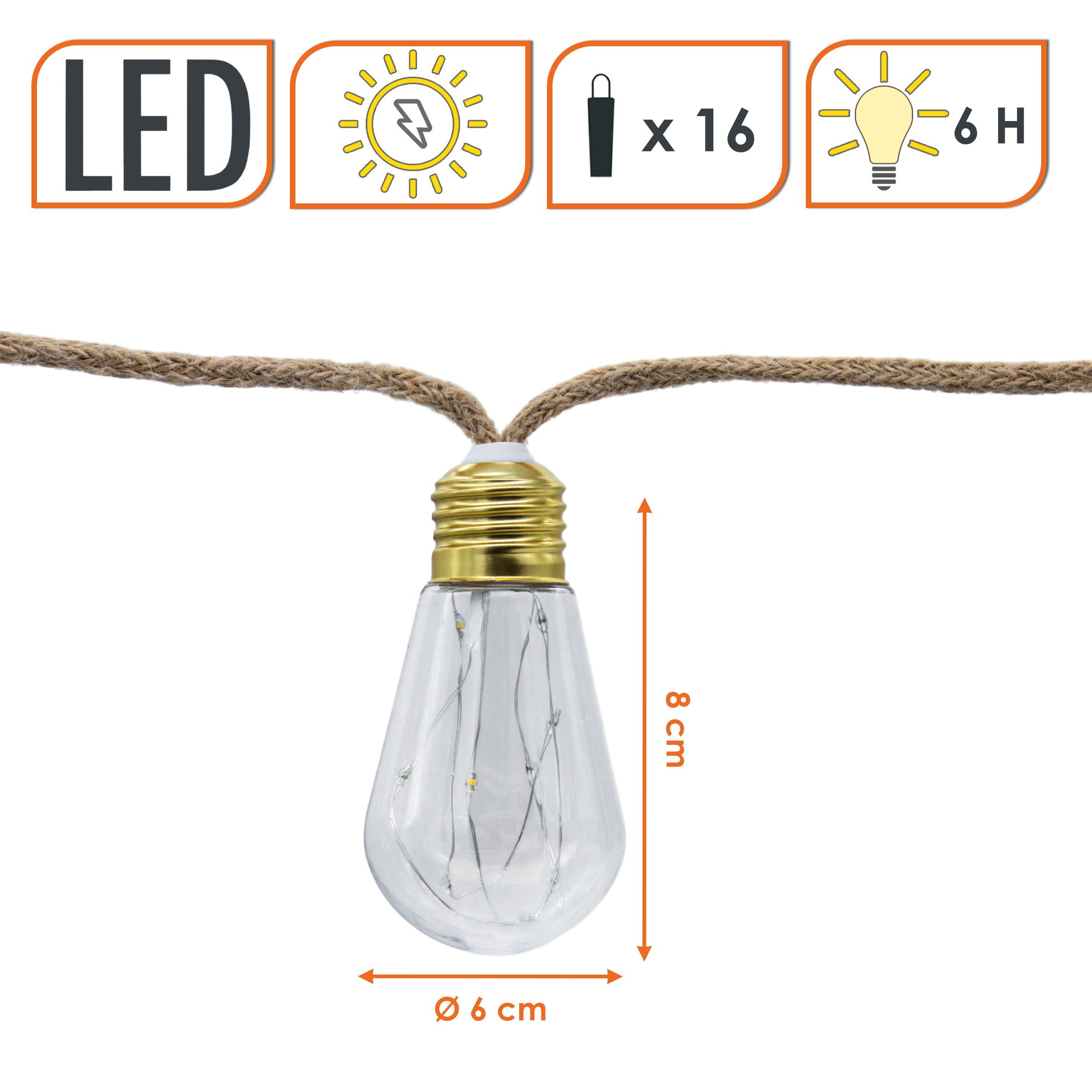 Spetebo Lichterkette Vintage LED Solar Lichterkette, 16-flammig, Garten Deko Beleuchtung mit transparenten Lampen an Naturkordel