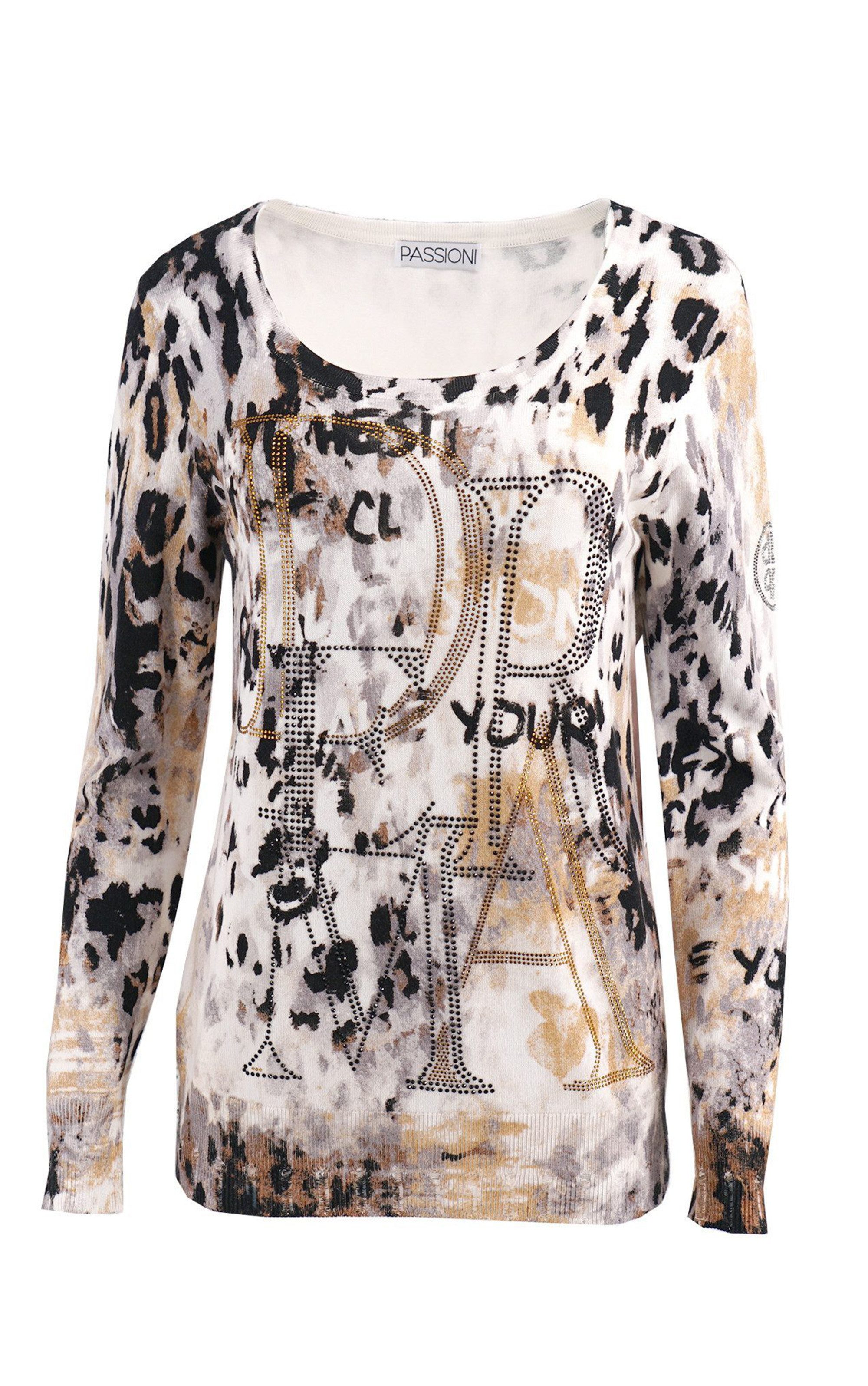Strickpullover mit abstrahiertem Animal-Print und Schriftzug mit Strassstein-Details