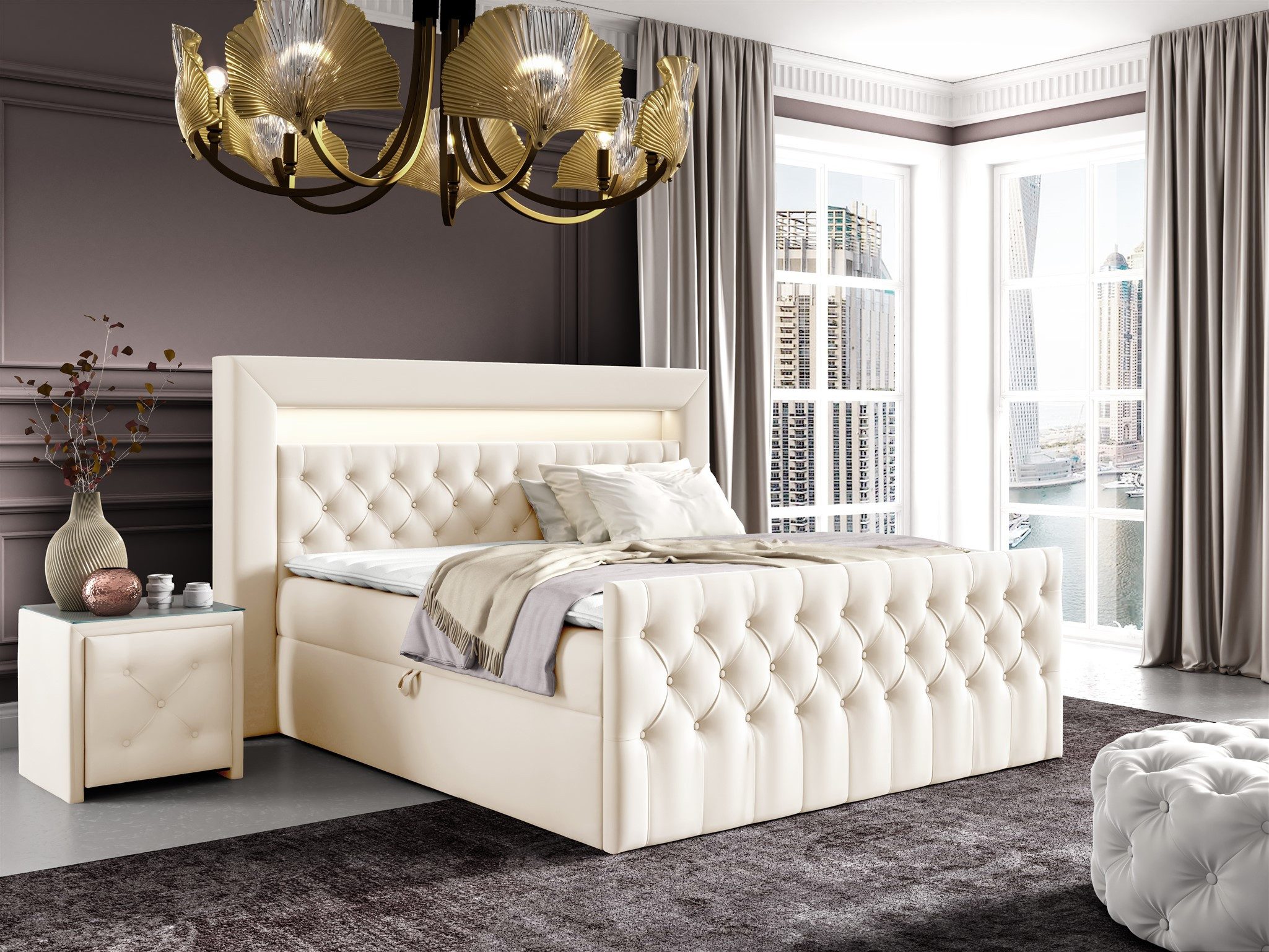 Fun Möbel Boxbett Schlafzimmerbett ERNESTO Nr.2 in Stoff Elisa Velvet (inkl. Topper, Auch mit Polsterhocker erhältlich), 2 x Nachttisch mit Glasplatte, LED-Beleuchtung mit Fernbedienung