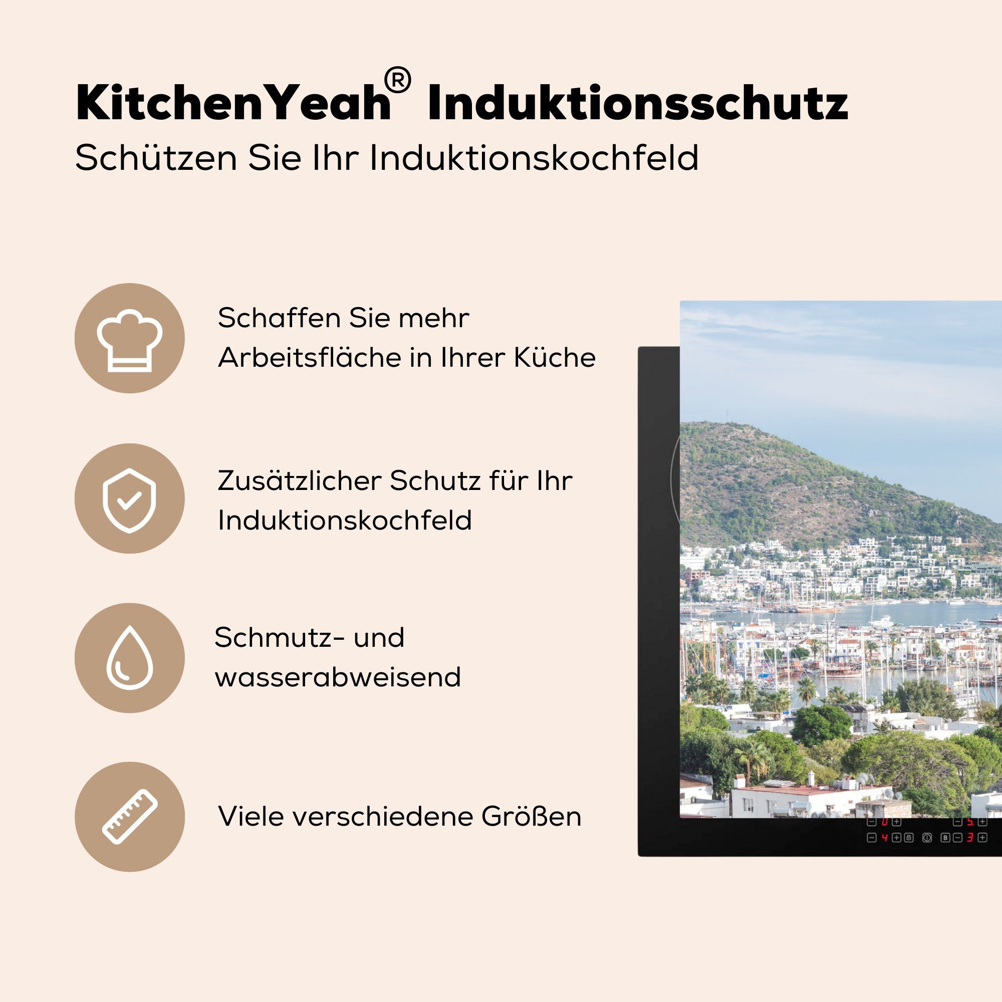 MuchoWow Herdblende-/Abdeckplatte Der Yachthafen von Schutz Ceranfeldabdeckung Vinyl, (1 für Türkischen an küche, cm, der Induktionskochfeld tlg), 81x52 Bodrum die Riviera