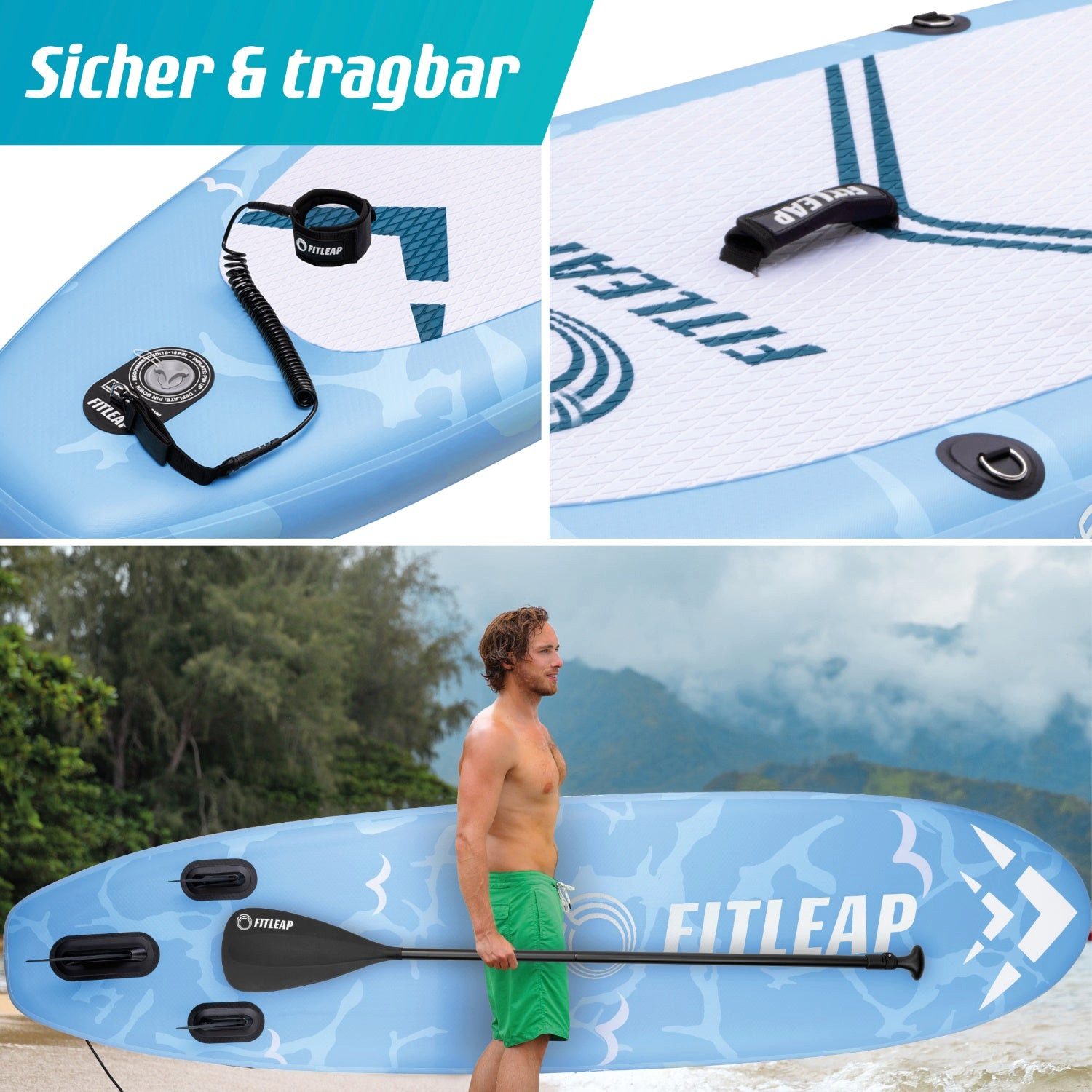 Fitleap Inflatable SUP-Board SUP Board Set mit Hochdruckpumpe, verstellbarem Paddel und Rucksack -…, Robustes Material, Komplettes SUP-Set, stabil, Leicht transportierbar