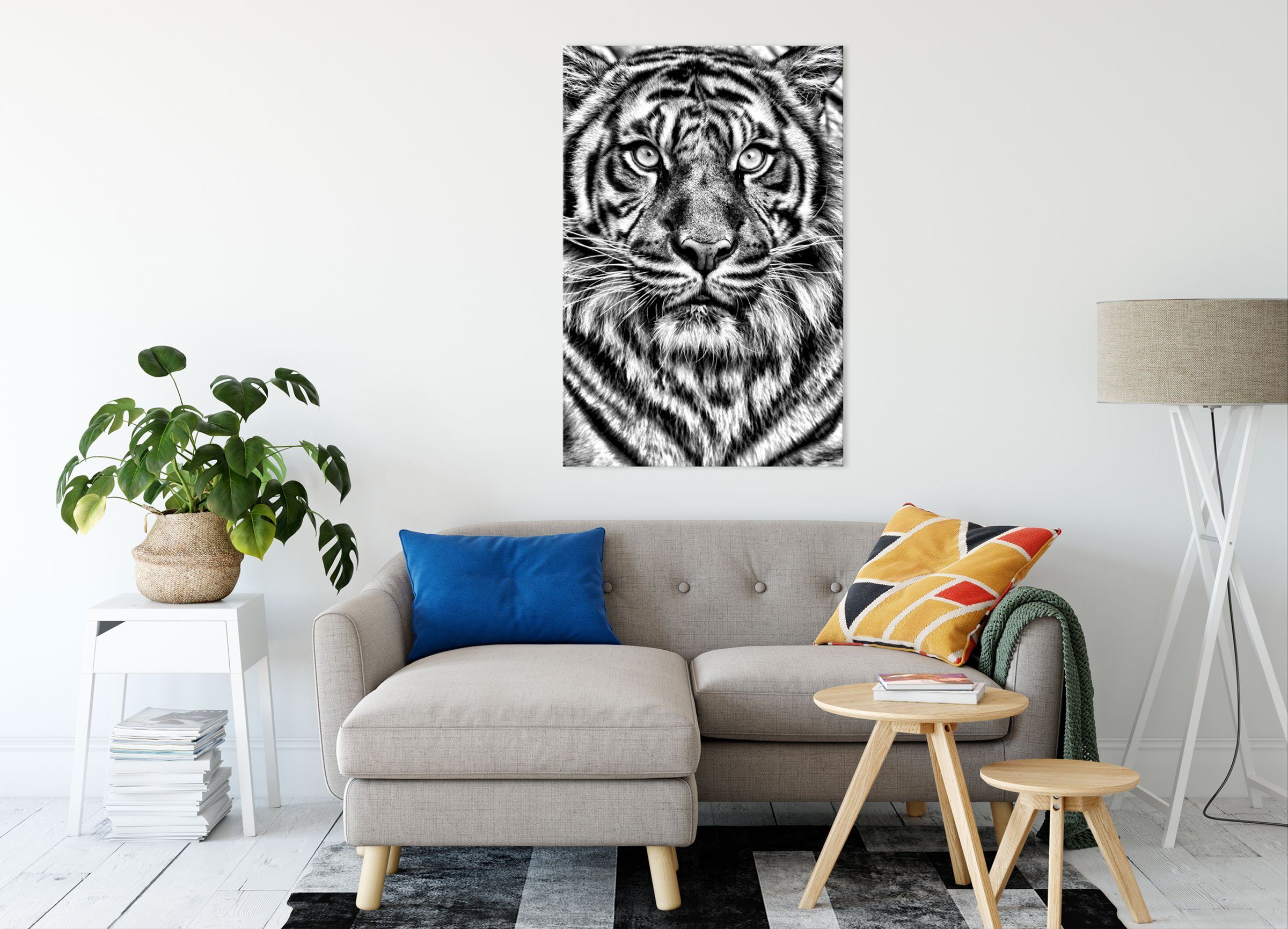 Pixxprint Leinwandbild Zackenaufhänger (1 St), Aufmerksamer inkl. Tiger, bespannt, fertig Tiger Leinwandbild Aufmerksamer