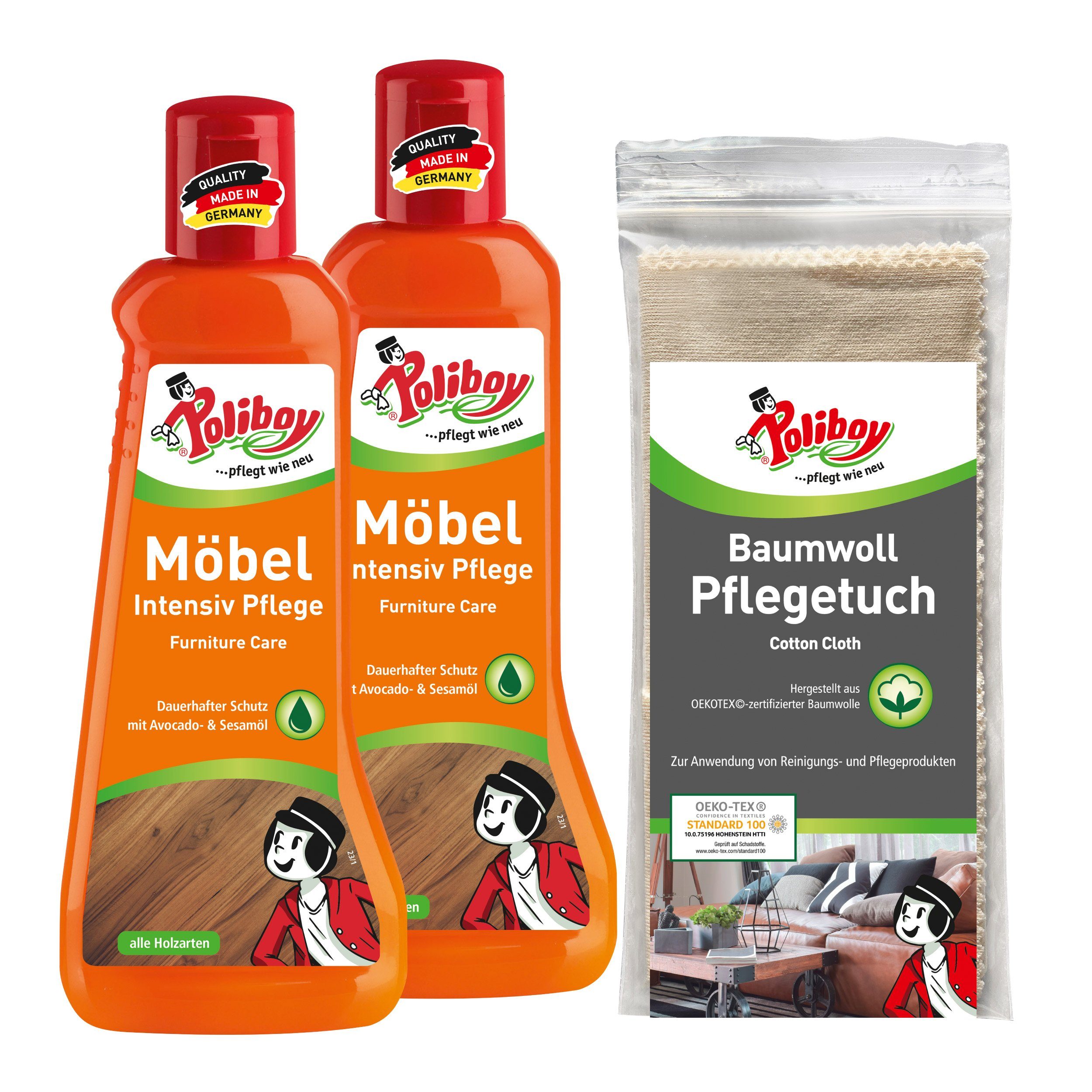 poliboy 2xMöbel Intensiv Pflege 500ml + Baumwoll Pflegetuch Möbelreiniger (Reinigung, Pflege und Schutz von Möbeln aus Holz - Made in Germany)