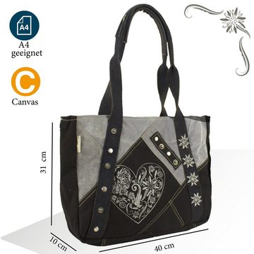 Domelo Trachtentasche Handtasche,Trachtentasche mit Herz Aufdruck, Oktoberfest Tasche, schwarze Dirndltasche mit Edelweiss Aufdruck, große Schultertasche