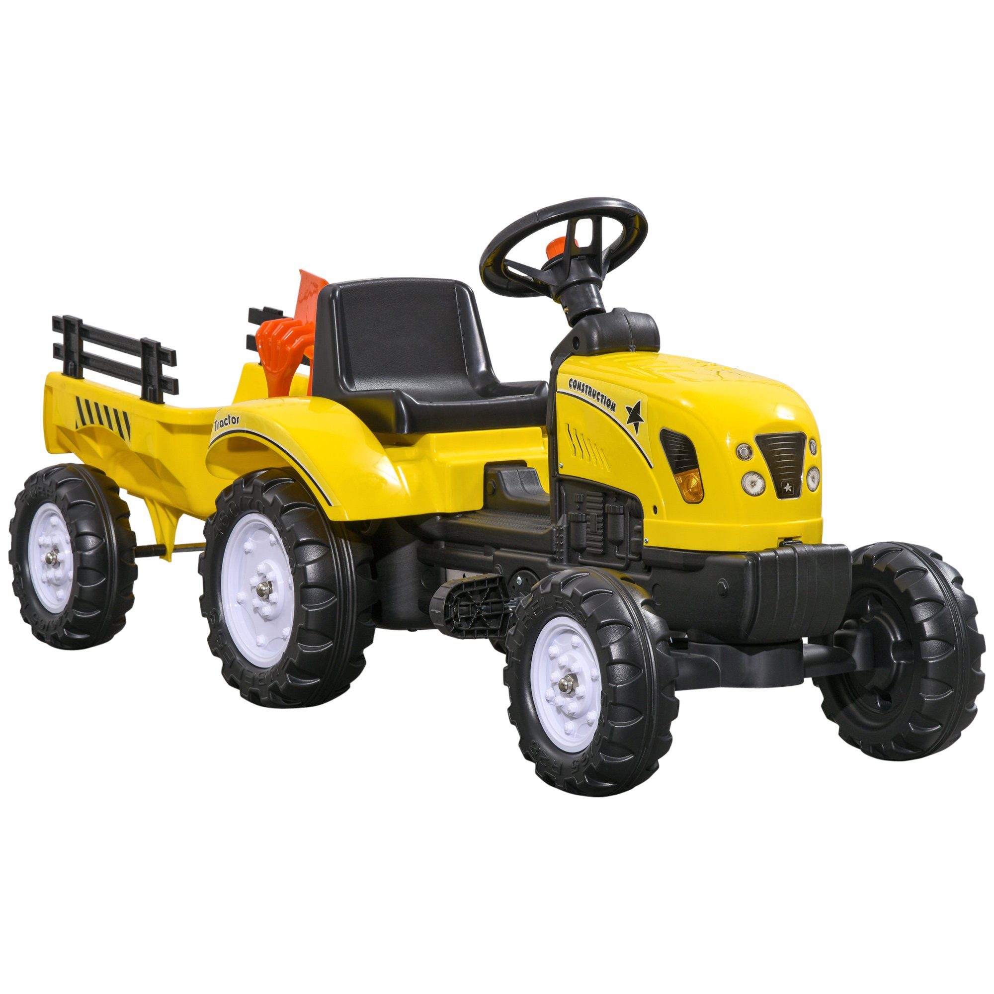 HOMCOM Trettraktor Tretauto Traktor mit Anhänger Kindertrettraktor Metall Gelb, L133 x B42 x H51cm