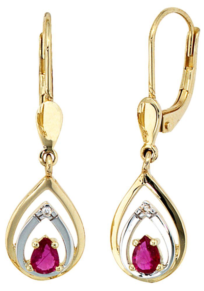 JOBO Paar Ohrhänger, 585 Gold mit 2 Diamanten und Rubin