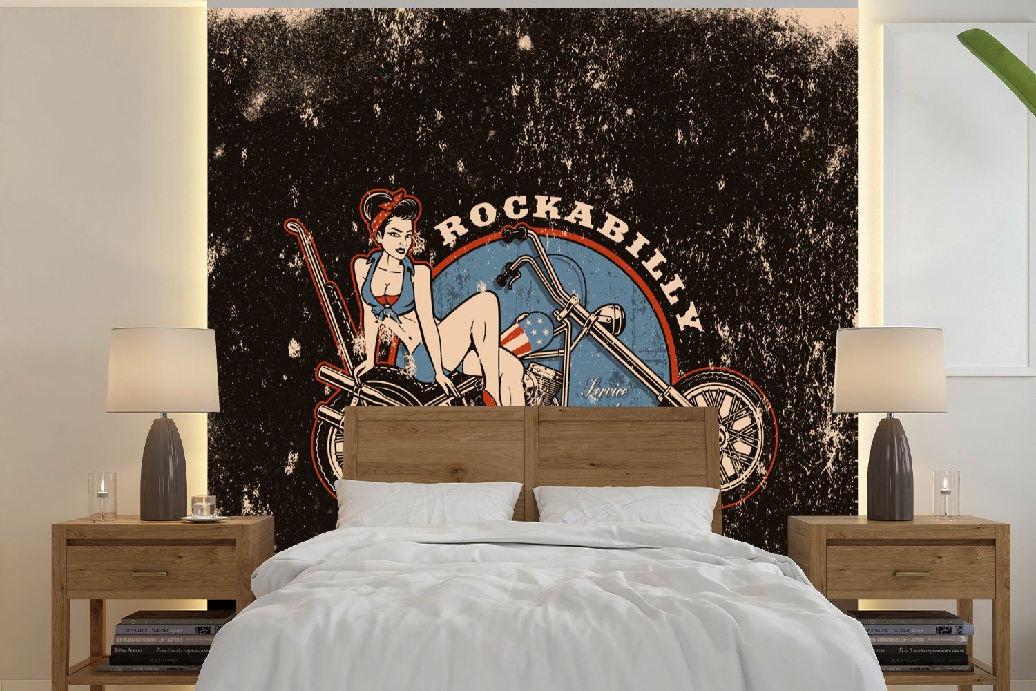 Schlafzimmer, Tapete - Vintage, bedruckt, Mancave (5 Wandtapete Vinyl Fototapete oder - Wohnzimmer MuchoWow Frauen - St), für Matt, Motorrad