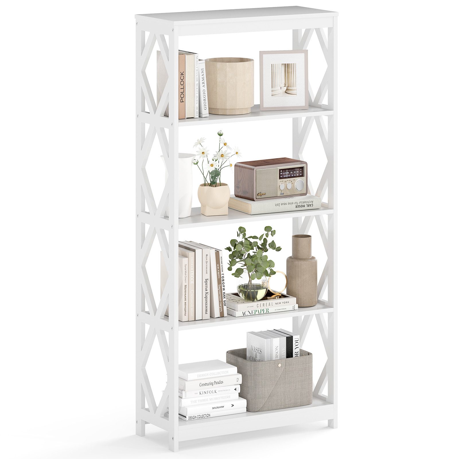 COSTWAY Bücherregal, Holz, Standregal mit rhombischer Struktur weiß 70x30x155cm