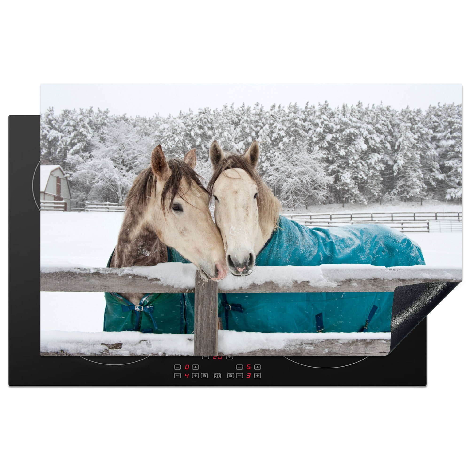 MuchoWow Herdblende-/Abdeckplatte Pferde - Decke - Schnee, Vinyl, (1 tlg), 81x52 cm, Induktionskochfeld Schutz für die küche, Ceranfeldabdeckung