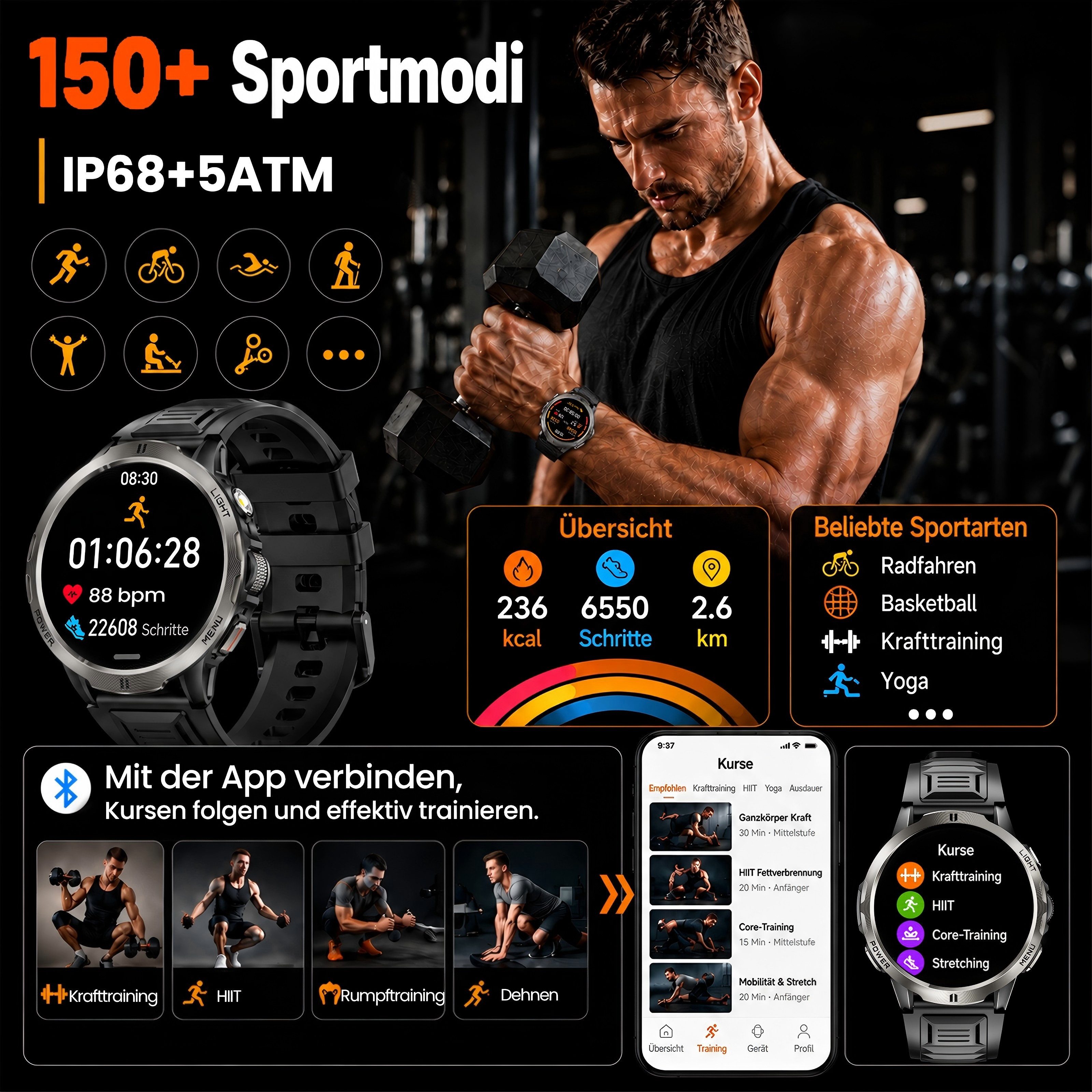 Whraills 2026 Herren Militär-Smartwatch mit 1,85" AMOLED und 75 Tagen Standby Smartwatch, Herren-Fitnessuhr, mit IP68+5ATM, 24/7 Herzfrequenz, SpO₂, Blutdruck & – Bild 5 von 5