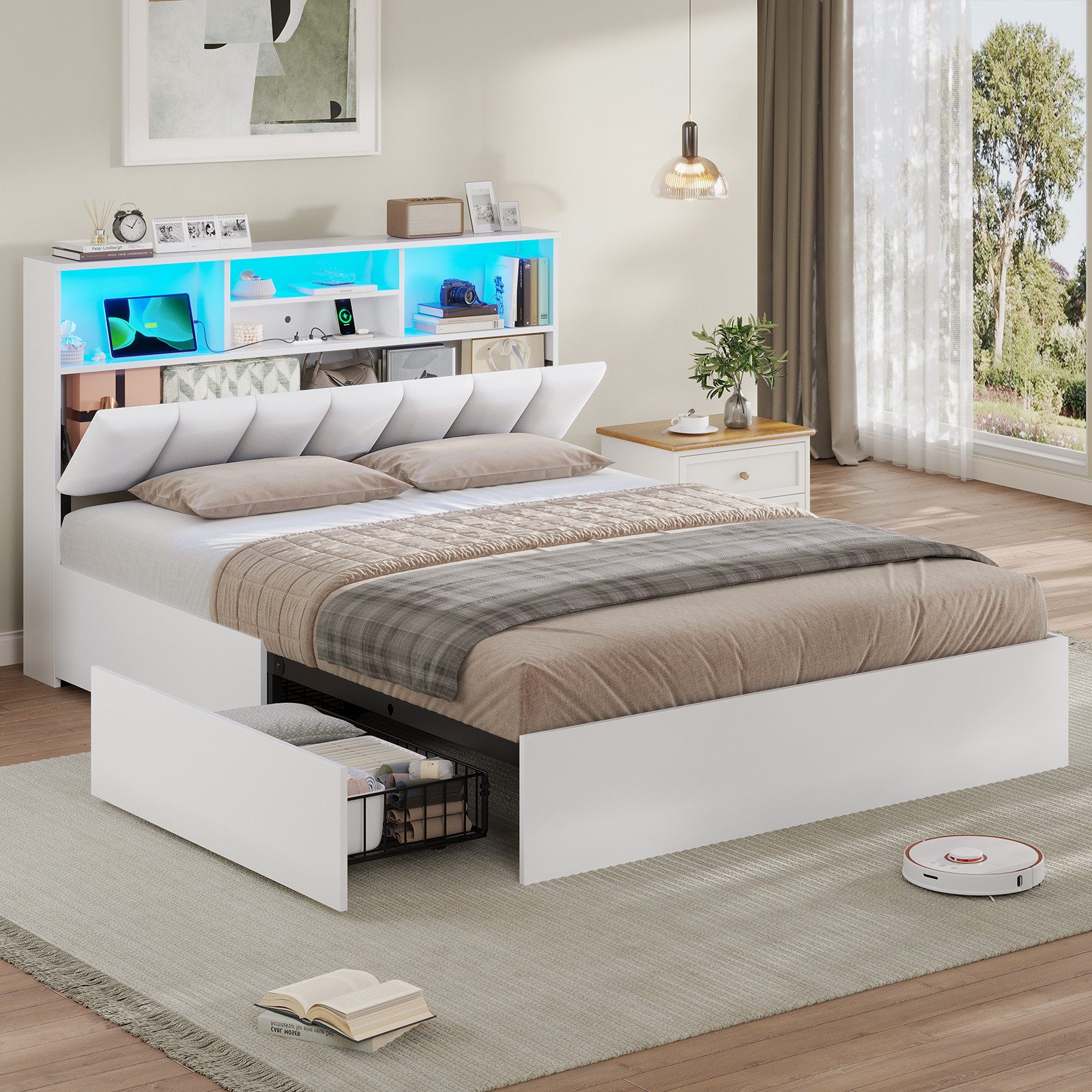 MSMASK Polsterbett Jugendbett, 140×200 cm mit Ladestation und LED-Beleuchtung (Ohne Matratze), Doppelbett mit 4 Schubladen