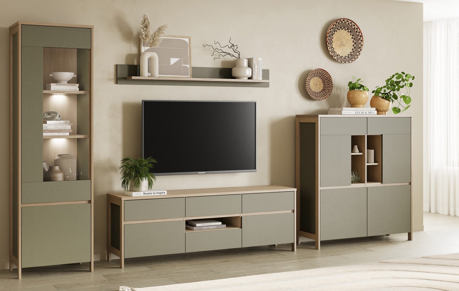 Furn.Design Wohnwand Finnes, (Schrankwand in Salbei mit Eiche Natur, 4-teilig, 360 x 195 cm), mit viel Stauraum und Soft-Close-Funktion