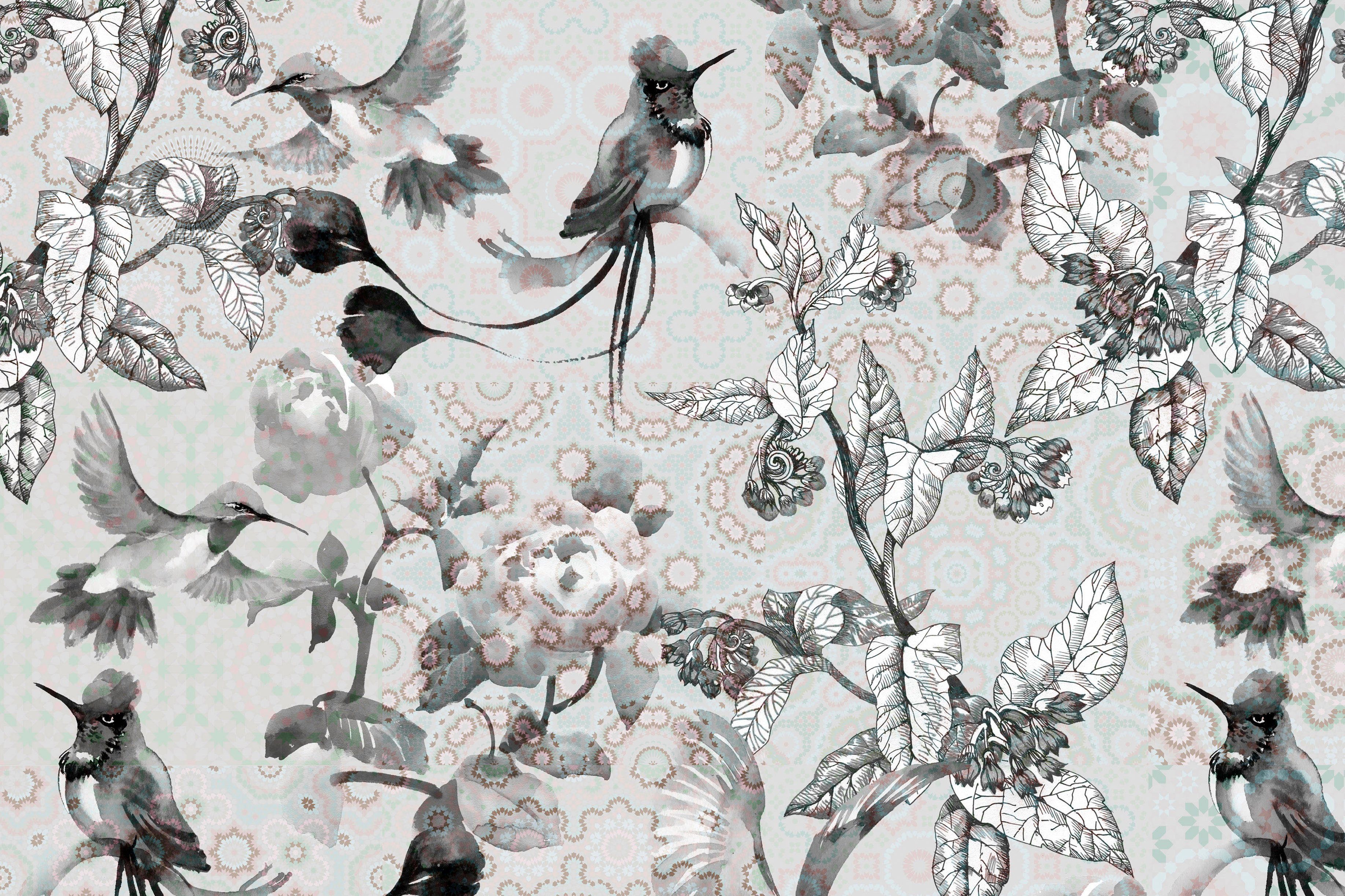 (1 Keilrahmen St), Vögel A.S. Floral Création Vögel Blumen Leinwandbild 4, exotic Mosaik Bild mosaic