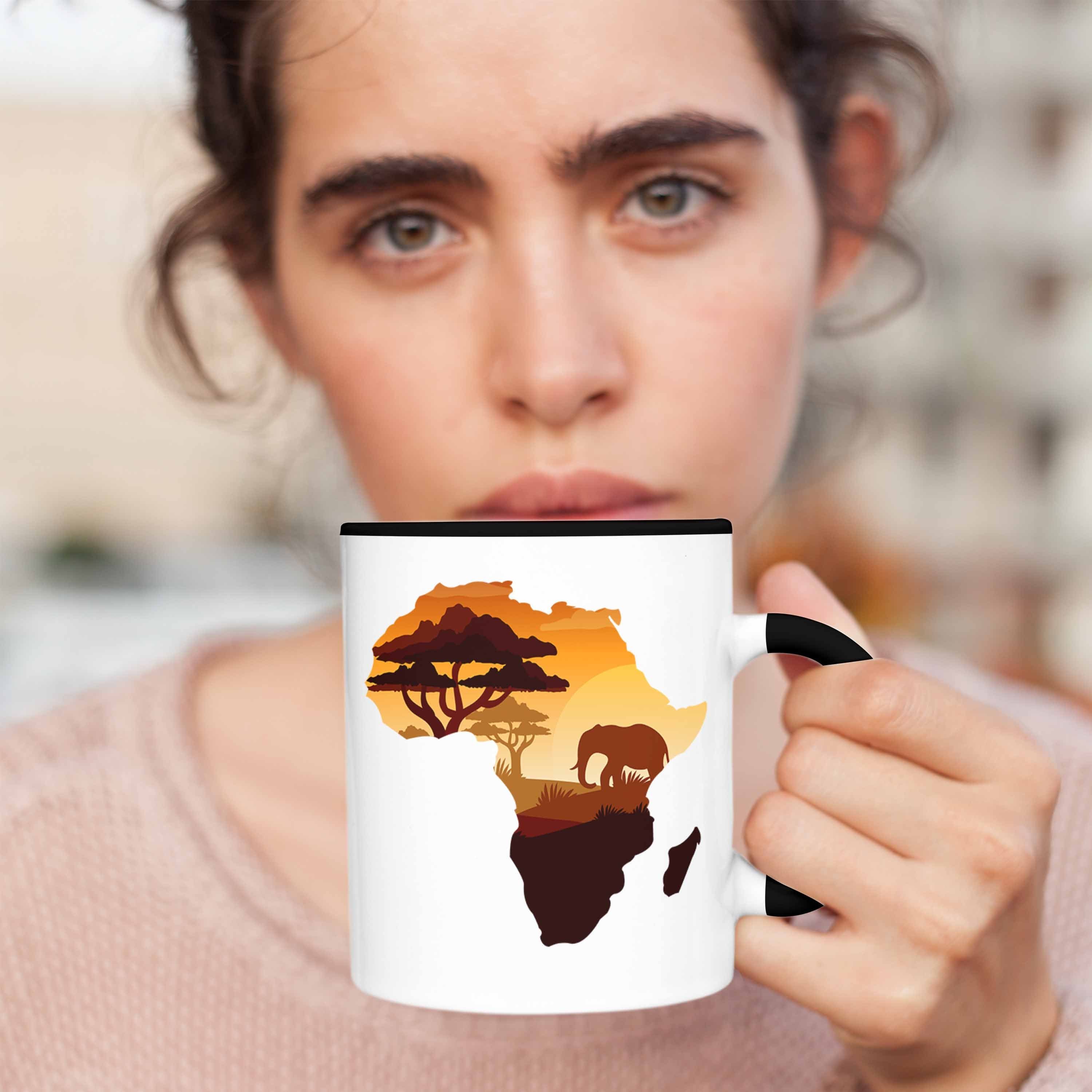 Geschenkidee Tasse Trendation Tierliebhaber Afrika Map Schwarz Afrika Abenteurer Safari Tasse